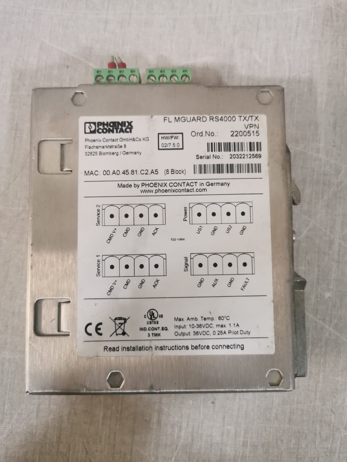 Phoenix Contact FW-02 Phoenix Contact FL MGUARD RS4000 TX/TX VPN 2200515 HW/FW: 02/5.0 CONTROLLER 3