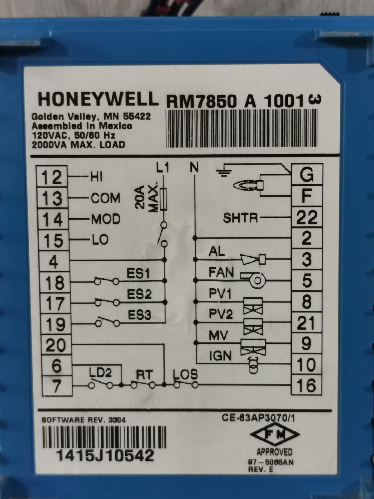 Honeywell RM7850A1001 HONEYWELL RM7850A1001 BURNER CONTROL 120 VAC,50/60HZ REV.E 6