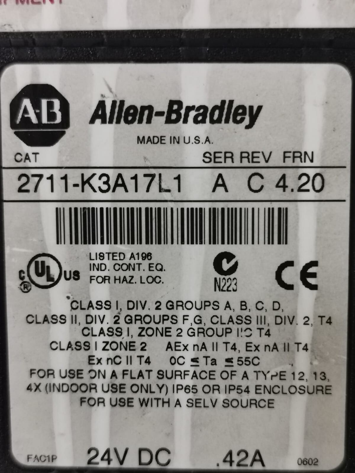 Allen-Bradley 2711-K3A17L1 ALLEN BRADLEY 2711-K3A17L1 SER. A REV.C F/W 4.20 24VDC .42A UNMP 10