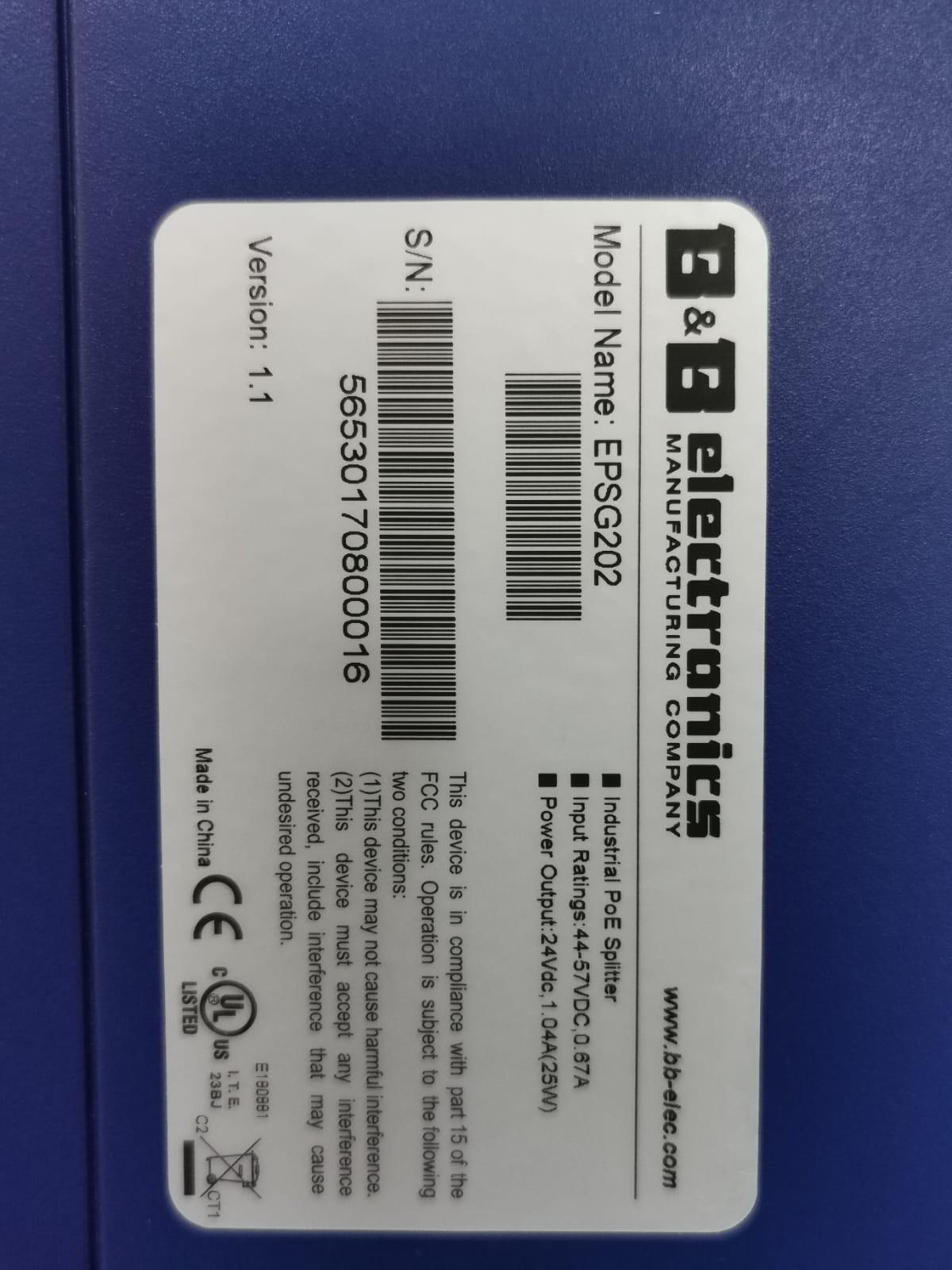 B&B ELECTRONICS EPSG202/V.1.1 B&B electronics EPSG202/V.1.1 - GIGABIT POE SPLITTER 4
