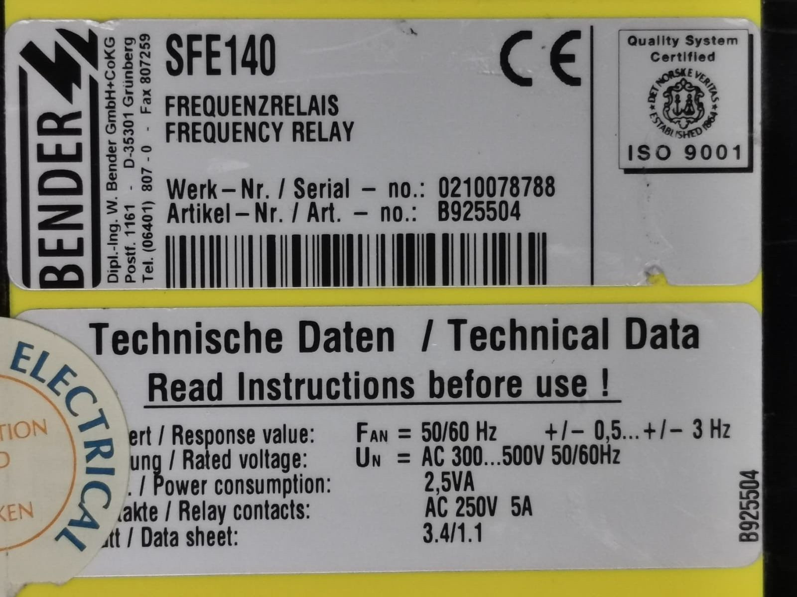 Bender B925504 BENDER SFE140 -B925504 FREQUENCY RELAY AC 250V 3