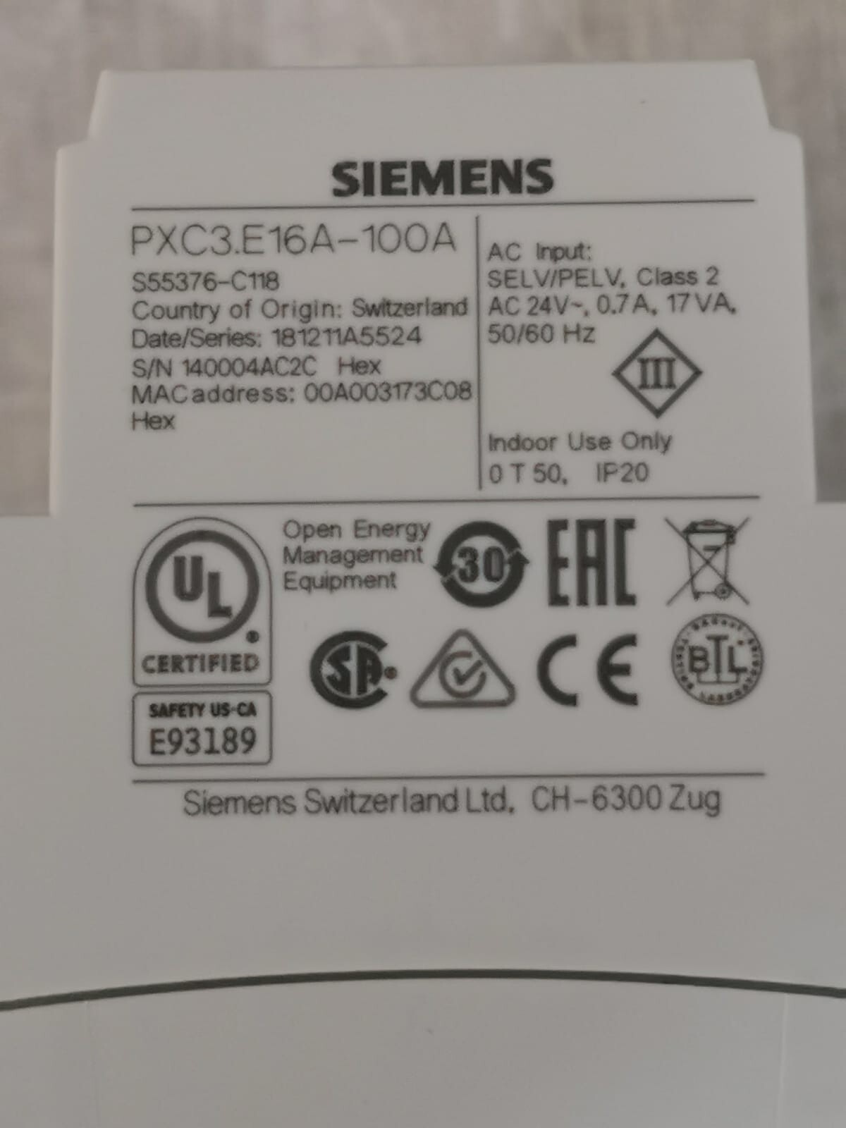 Siemens PXC3.E16A-100A Siemens PXC3.E16A-100A Room Automation Station S55376-C118 4
