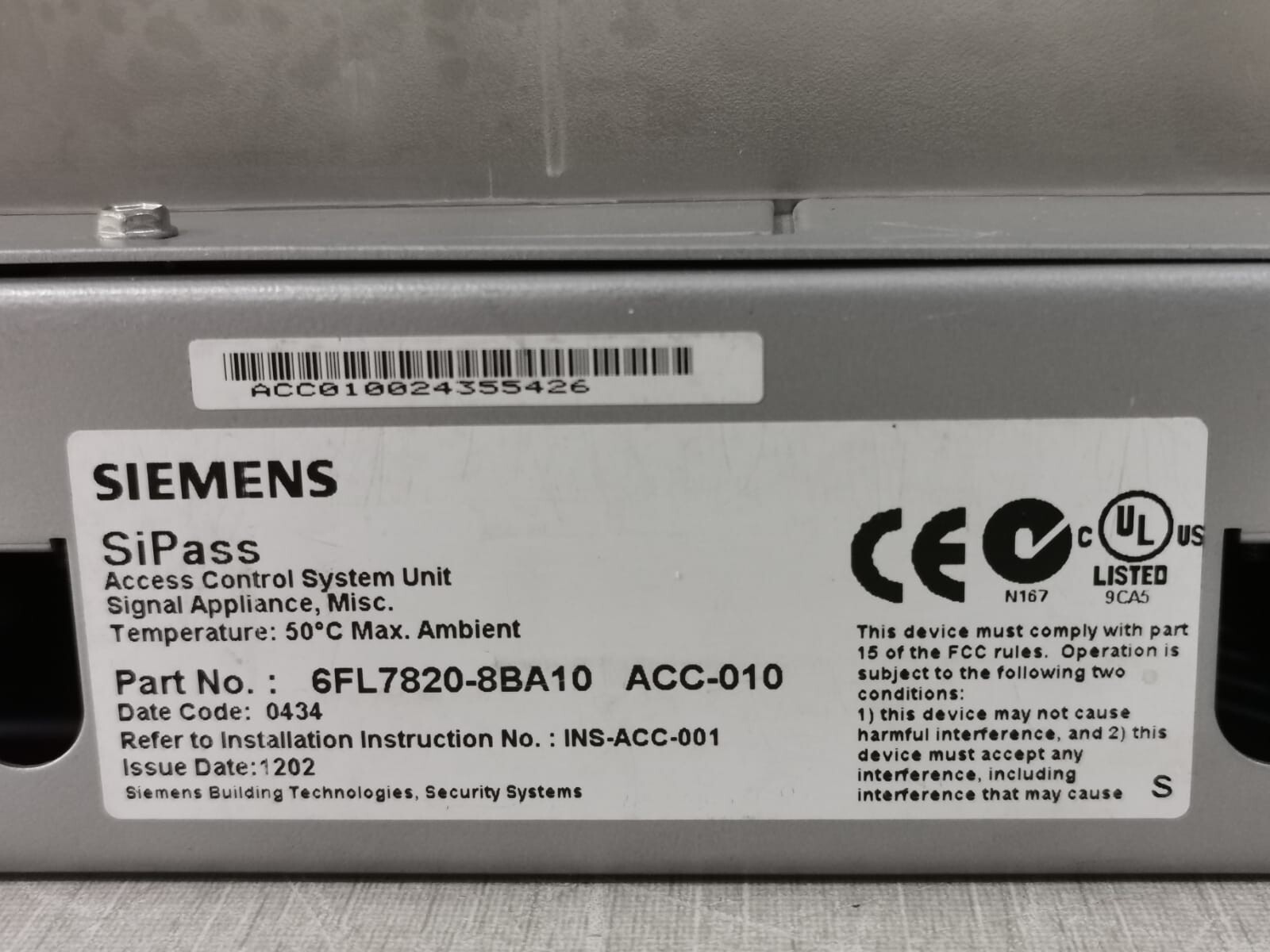 Siemens SIPASS 6FL7820-8BA10 ACC-010 SIEMENS SIPASS 6FL7820-8BA10 ACC-010 ACCESS CONTROL SYSTEM 2