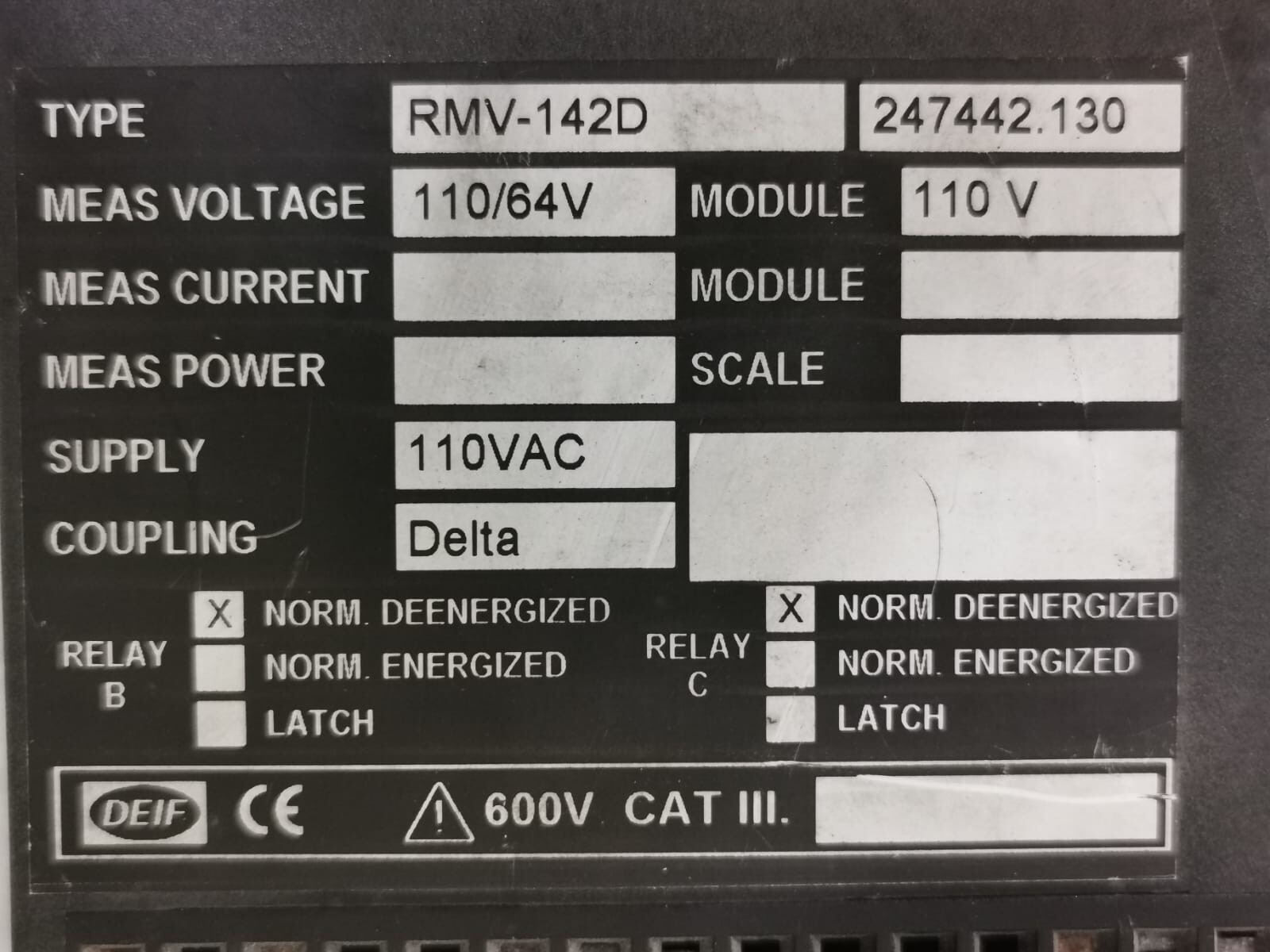 DEIF RMV-142D DEIF RMV-142D Voltage Relay | 110VAC | 600V 3