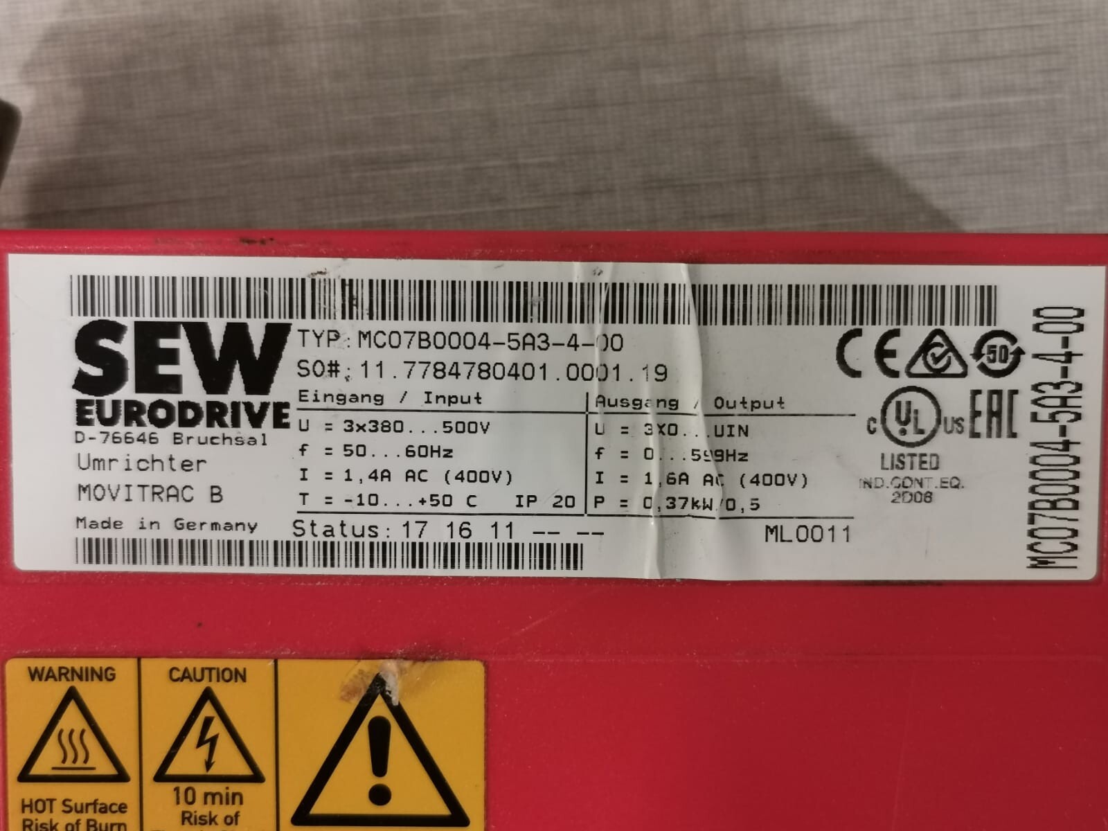 SEW Eurodrive MC07B0004-5A3-4-00 SEW EURODRIVE MC07B0004-5A3-4-00 MOVITRAC B INVERTER DRIVE 2