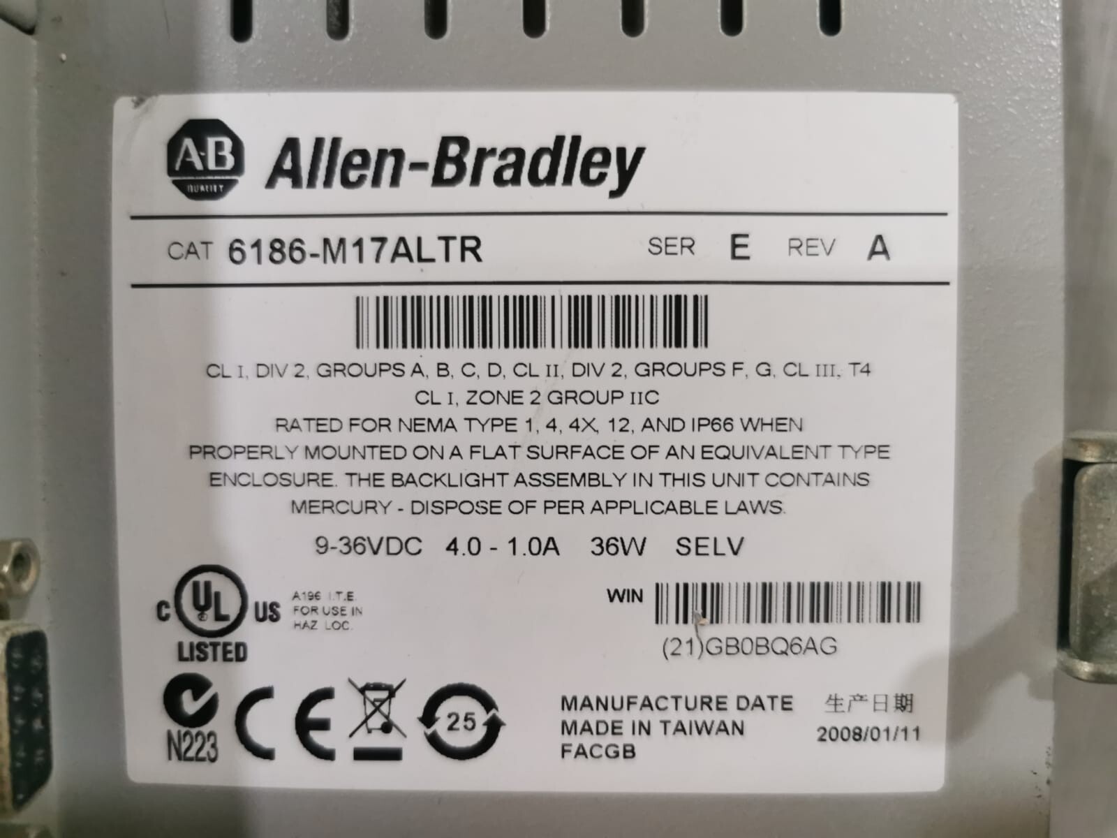 Allen-Bradley 6186-M17ALTR SER. E REV. A ALLEN-BRADLEY 6186-M17ALTR SER. E REV. A VERSAVIEW 1700M 8
