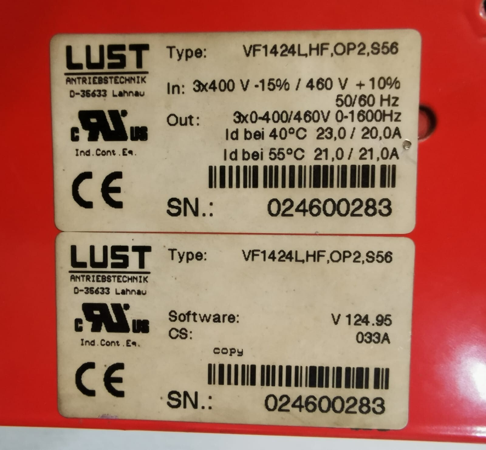 LUST VF1424LHF LUST VF1424LHF OP2 S56 SERVO DRIVE 3X400V-15% 460 5