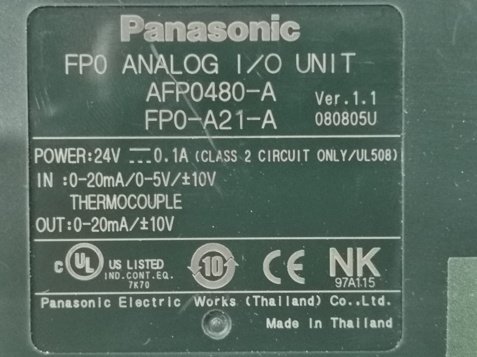 Panasonic AFP0480-A PANASONIC FP0-A21-A/ AFP0480-A FP0 ANALOG I/O UNIT VER.1.1 3