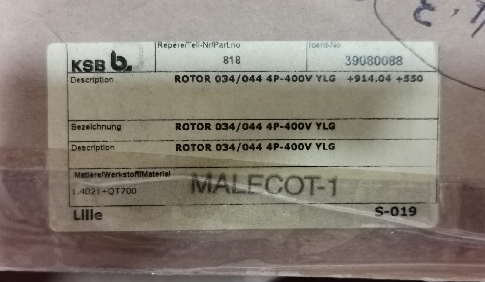KSB ROTOR-034 KSB Pump Shaft W/ Rotor 034/044 4P-400V YLG /KSB 034/0444P-400VYLG 8