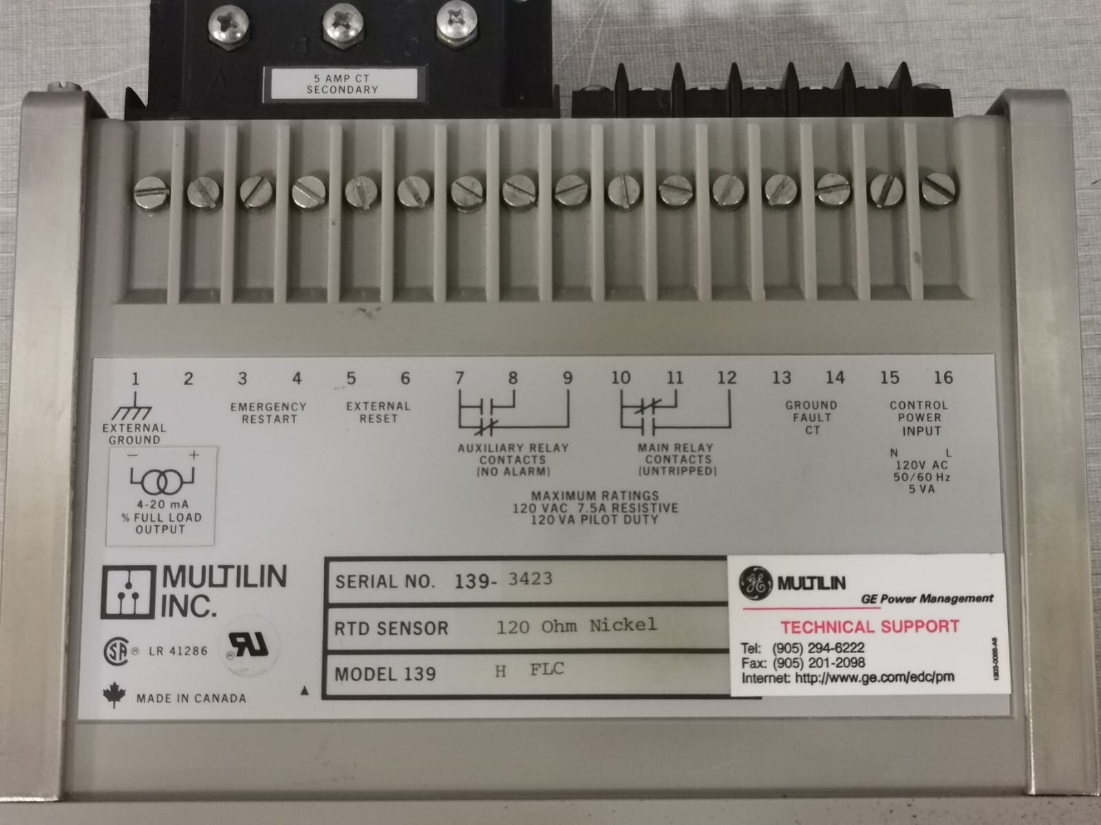 GE 139 H FLC GE MULTILIN 139 H FLC -120 OHM MOTOR PROTECTION RELAY 4