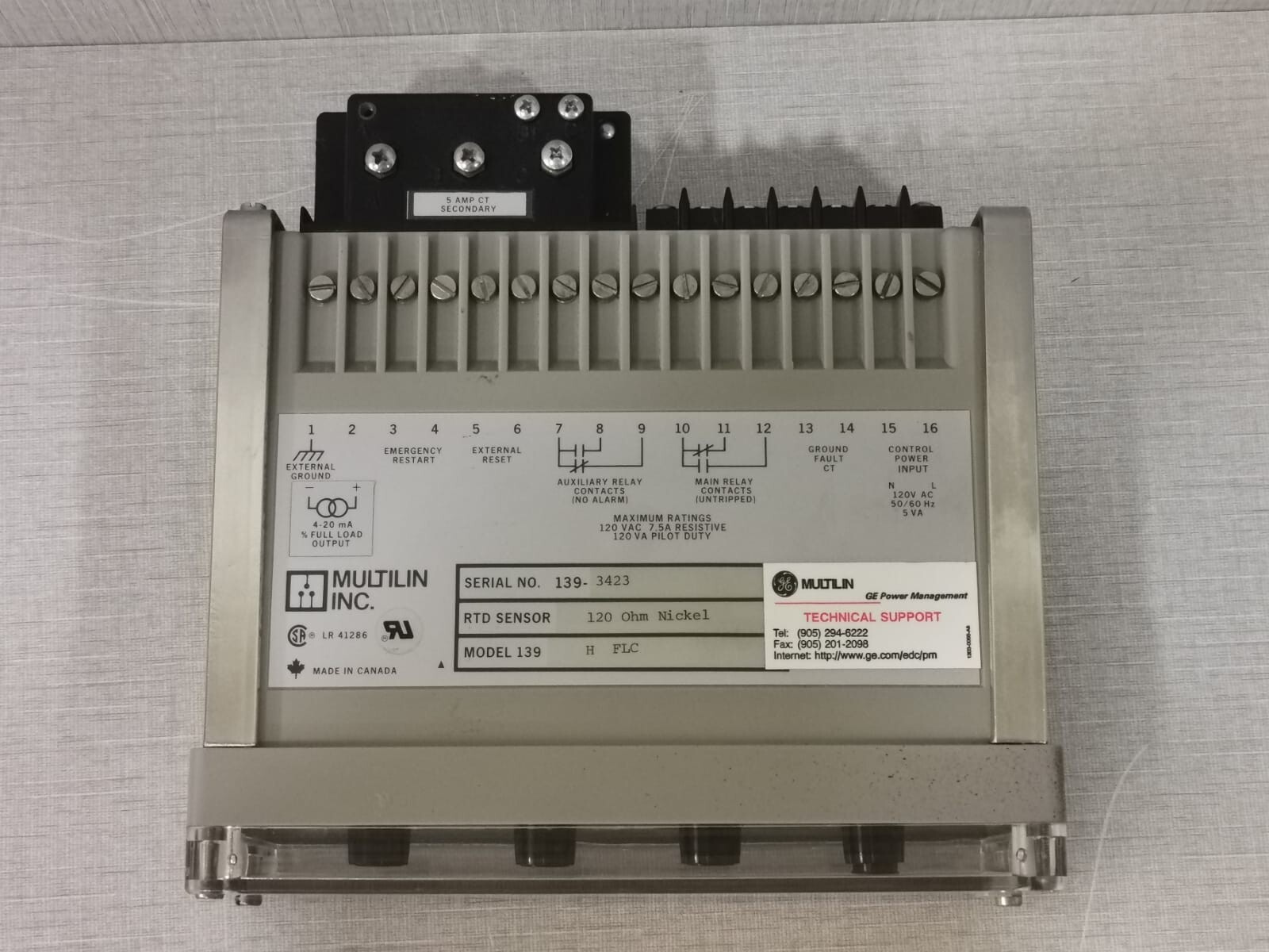 GE 139 H FLC GE MULTILIN 139 H FLC -120 OHM MOTOR PROTECTION RELAY 5
