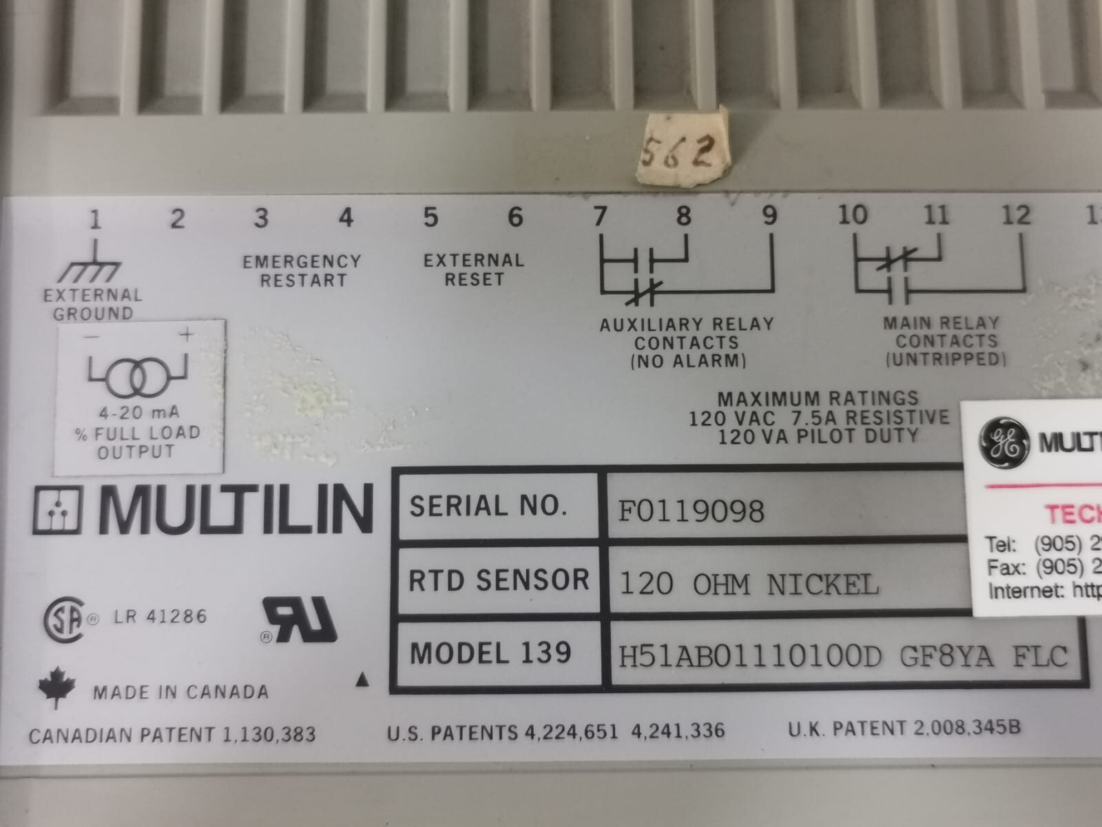 GE 139 H51AB01110100D GF8YA FLC GE MULTILIN 139 H51AB01110100D GF8YA FLC -120 OHM MOTOR PROTECTION RELAY 3