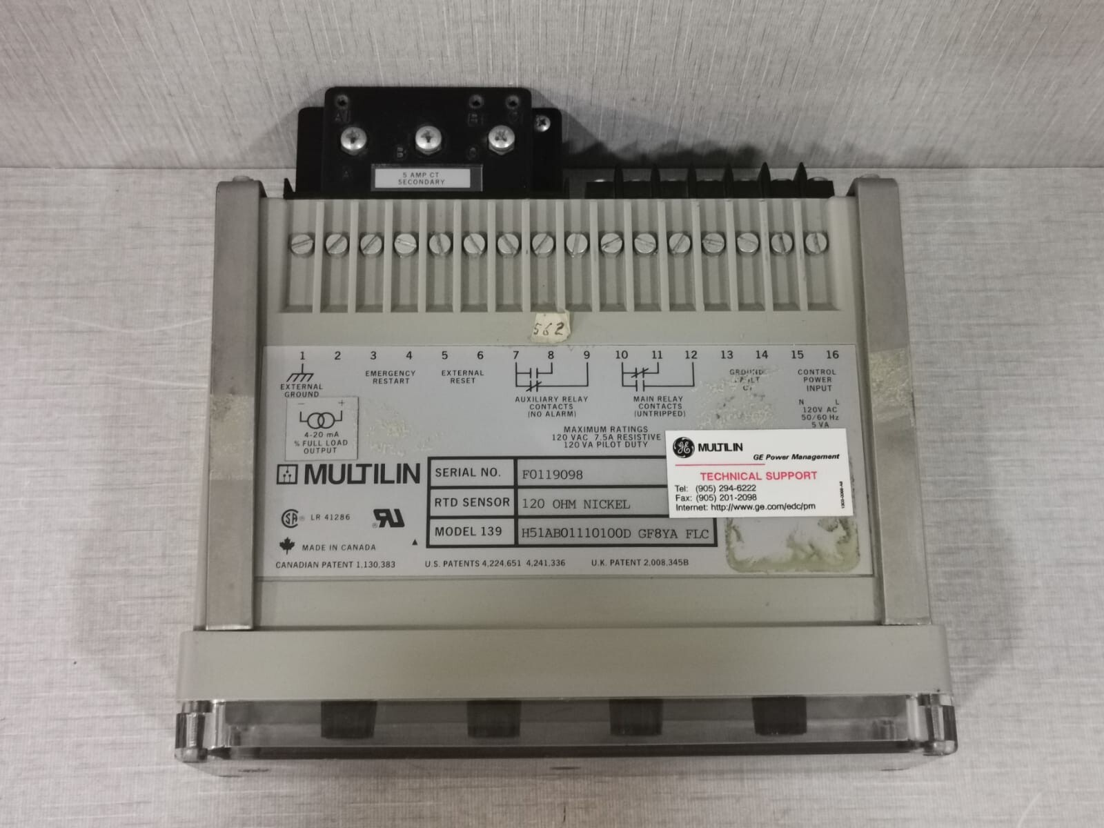 GE 139 H51AB01110100D GF8YA FLC GE MULTILIN 139 H51AB01110100D GF8YA FLC -120 OHM MOTOR PROTECTION RELAY 4