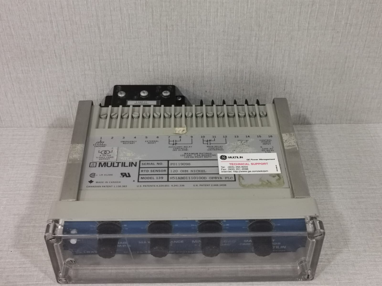 GE 139 H51AB01110100D GF8YA FLC GE MULTILIN 139 H51AB01110100D GF8YA FLC -120 OHM MOTOR PROTECTION RELAY 5