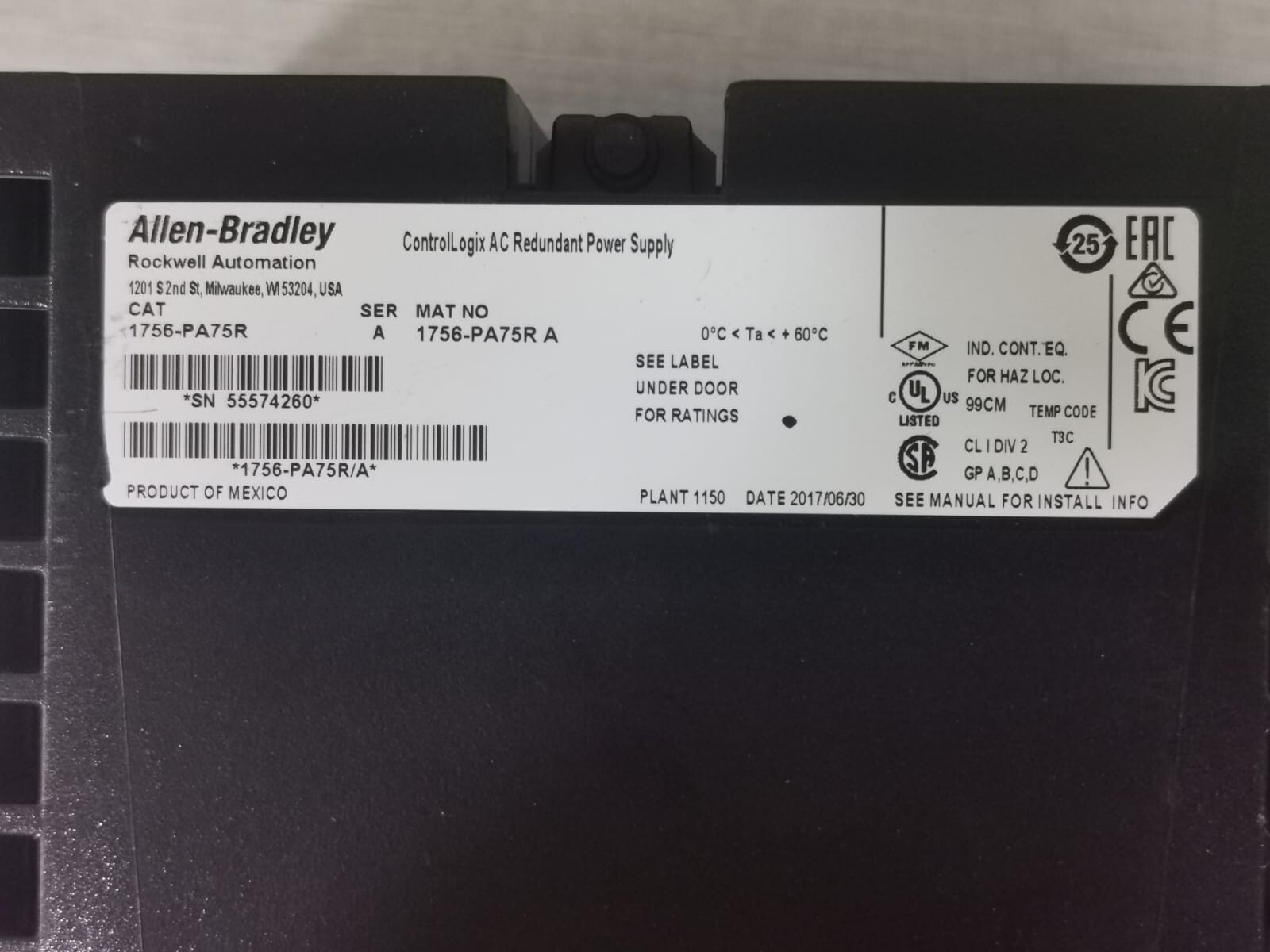 Allen-Bradley 1756-PA75R/A ALLEN-BRADLEY 1756-PA75R/A Ser. A CONTROLLOGIX AC REDUNDANT POWER SUPPLY 5