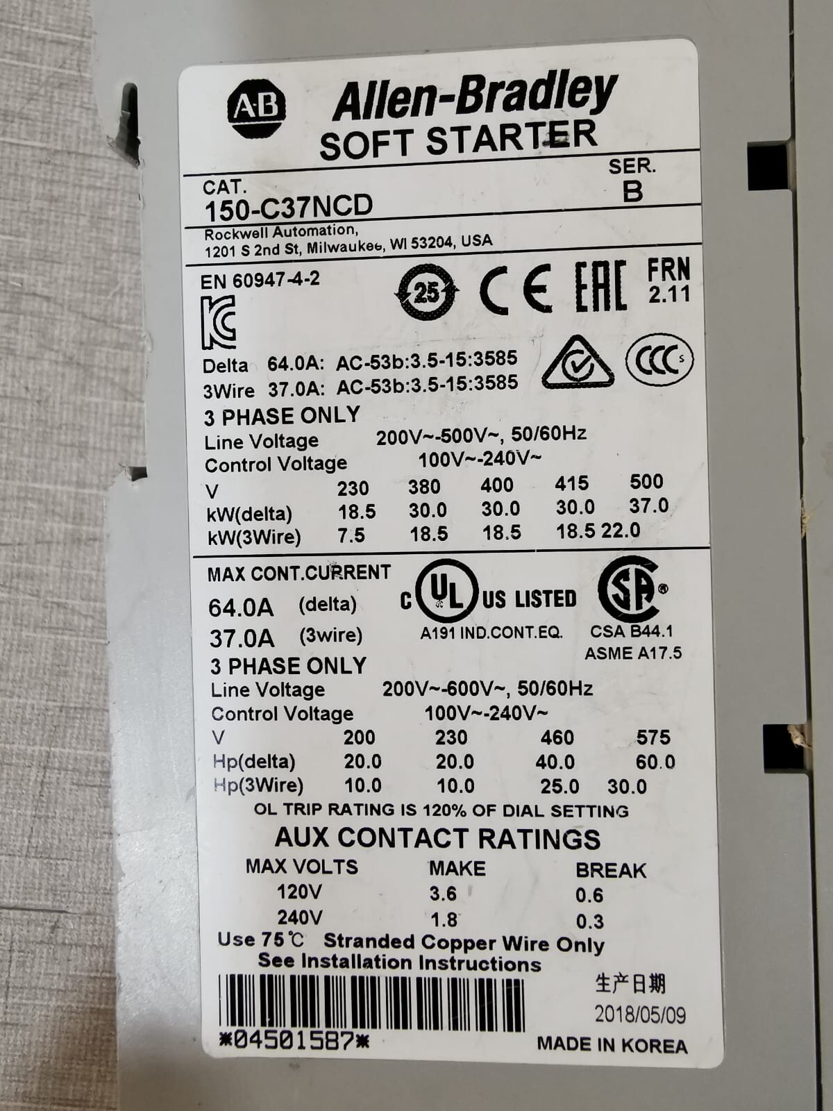 Allen Bradley 150-C37NCD Allen Bradley Soft Starter 150-C37NCD Smart Motor Controller Ser B. - 3 Phase 5