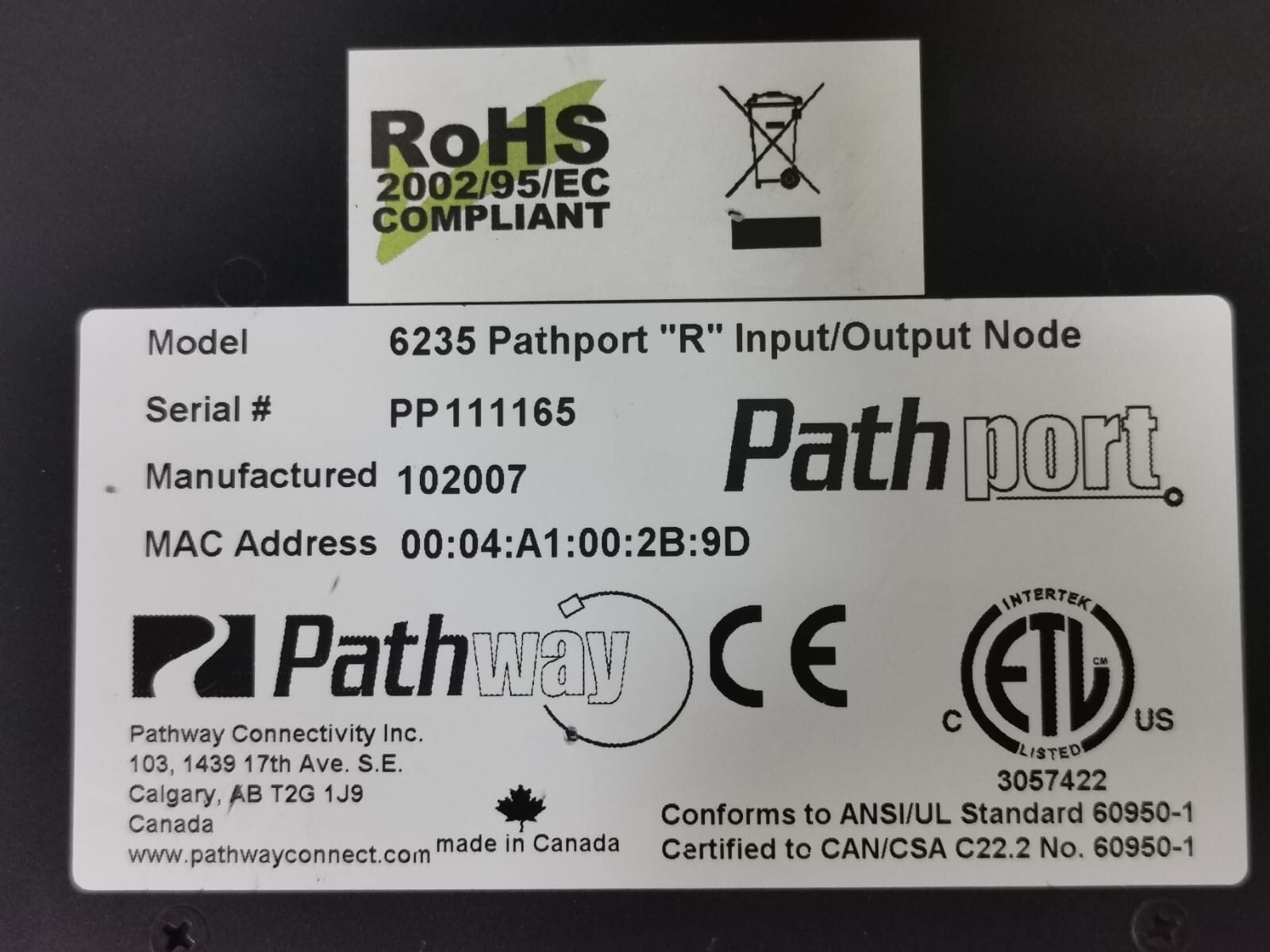 PATHWAY 6235 PATHPORT 6235 PATHPORT "R" INPUT/OUTPUT NODE 5
