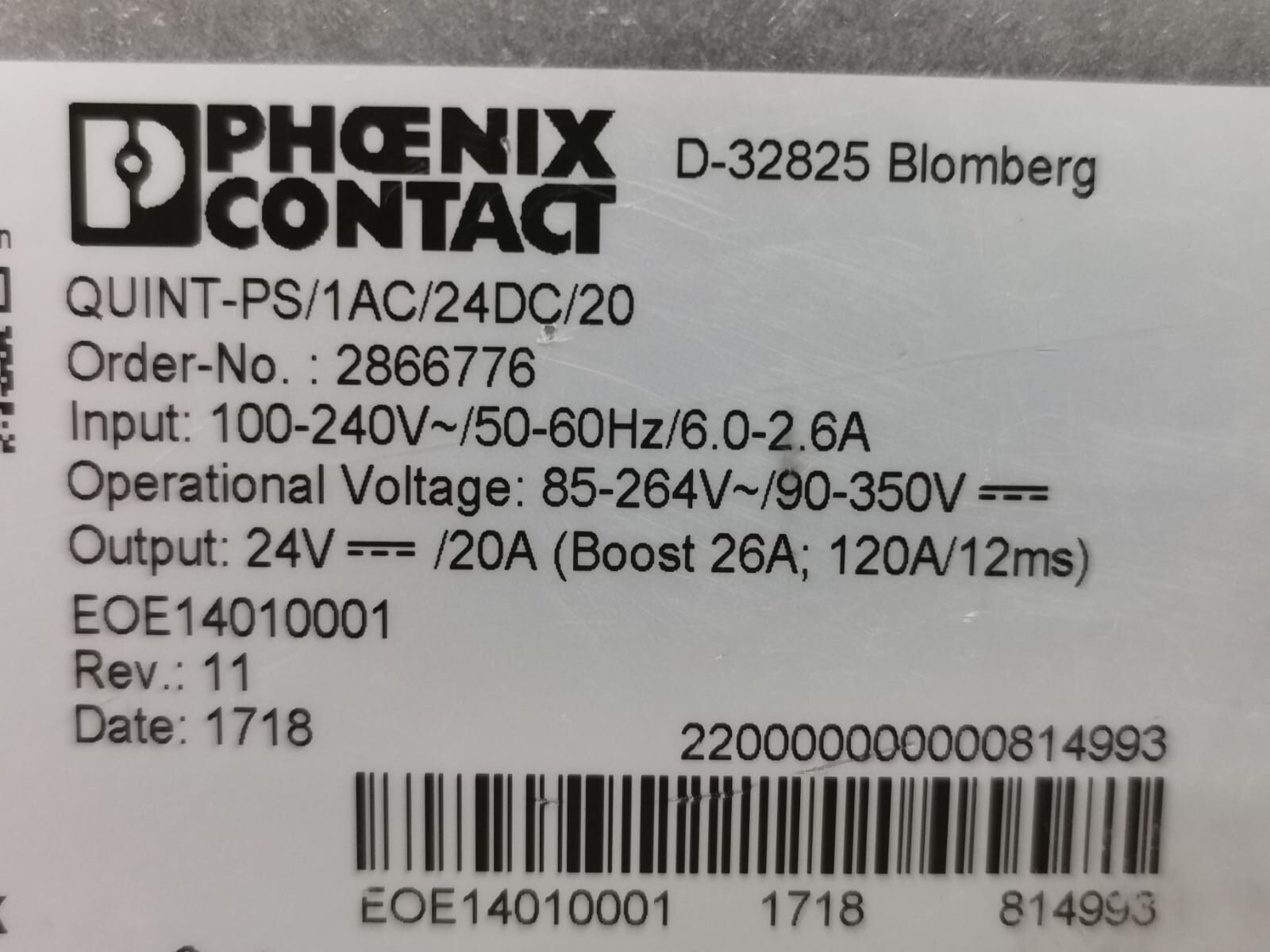 Phoenix Contact QUINT-PS/1AC/24DC/20 PHOENIX CONTACT QUINT-PS/1AC/24DC/20 REV.11 QUINT POWER 2