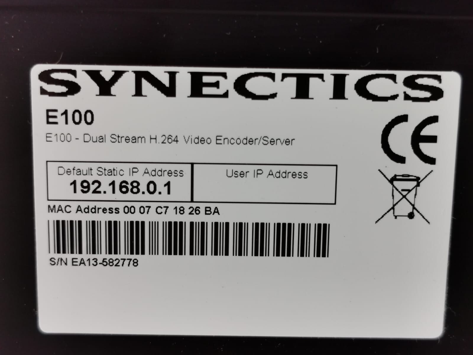 SYNECTICS E100 SYNECTICS E100 DUALSTREAM H.264 VIDEO ENCODER/ SERVER 5