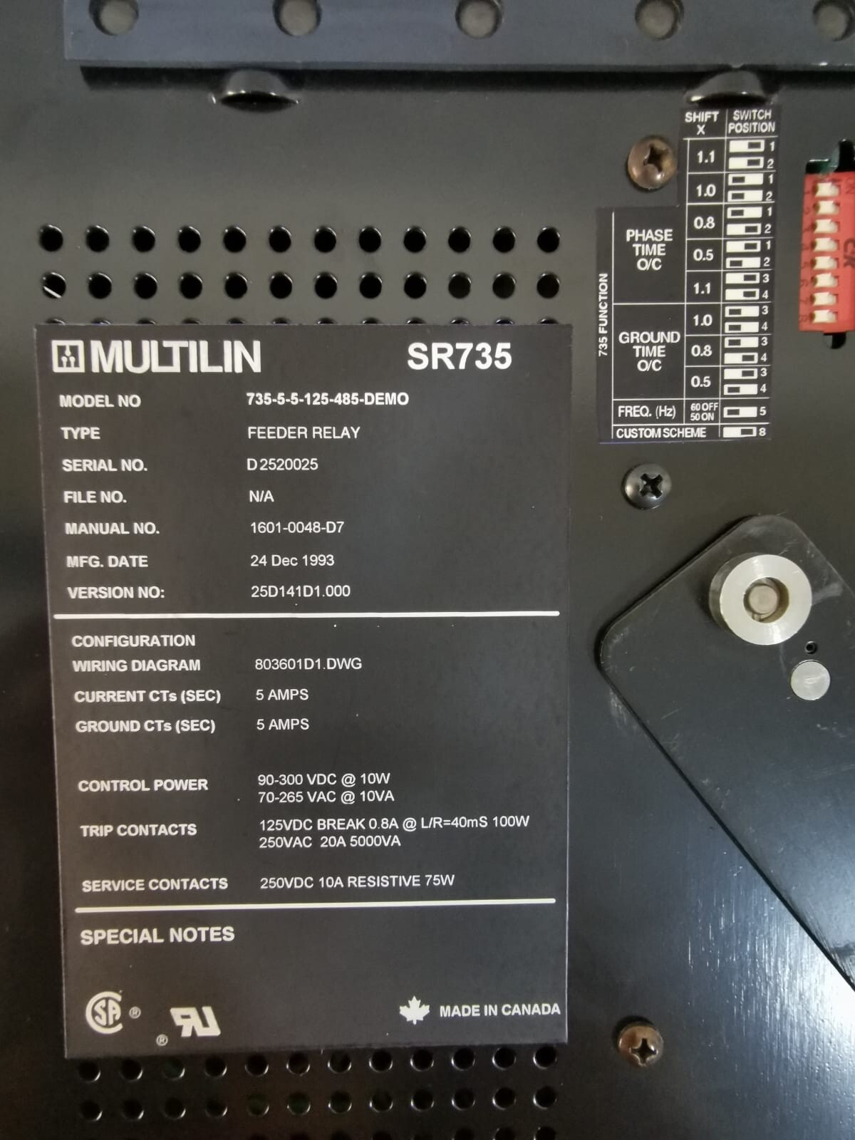 MULTILIN SR735 MULTILIN SR735 / 735-5-5-125-485-DEMO FEEDER RELAY VER. 25D141D1.000 5AMPS 4