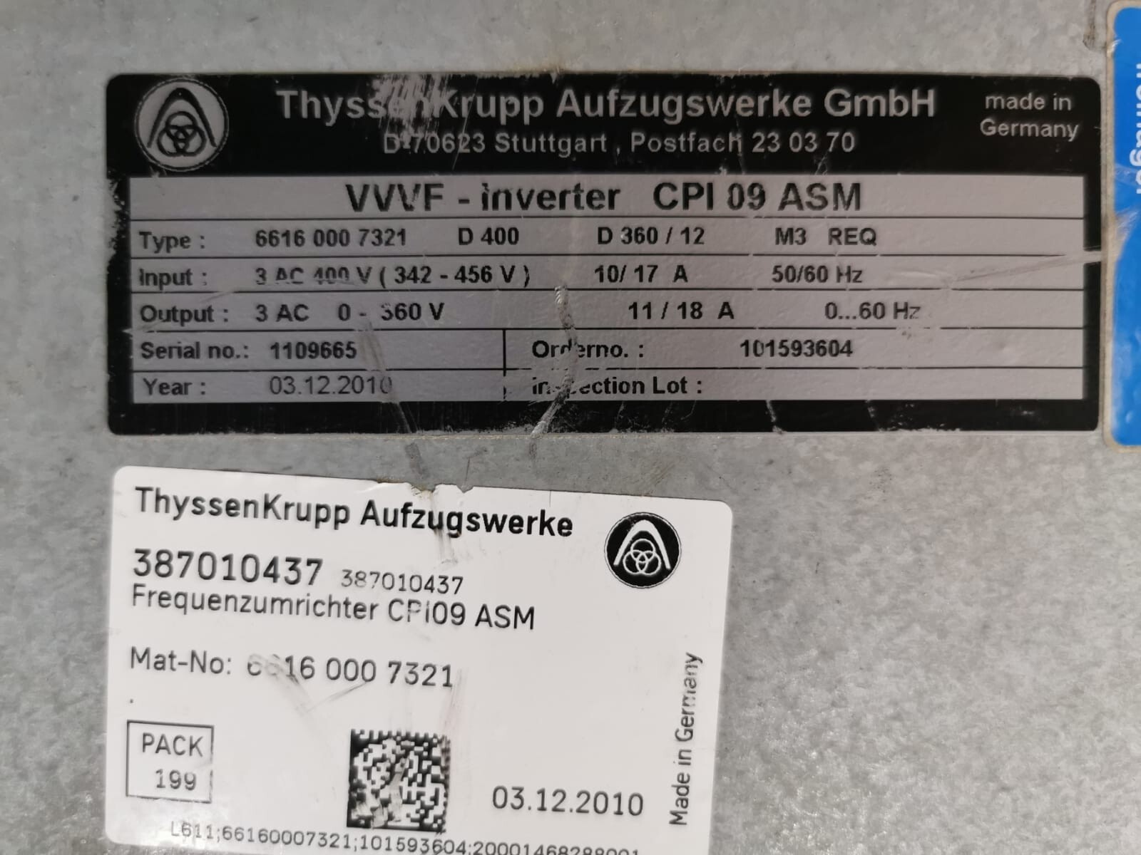 THYSSENKRUPP 6616 000 7321 THYSSENKRUPP VVVF-INVERTER CPI 09 ASM/ 6616 000 7321 5