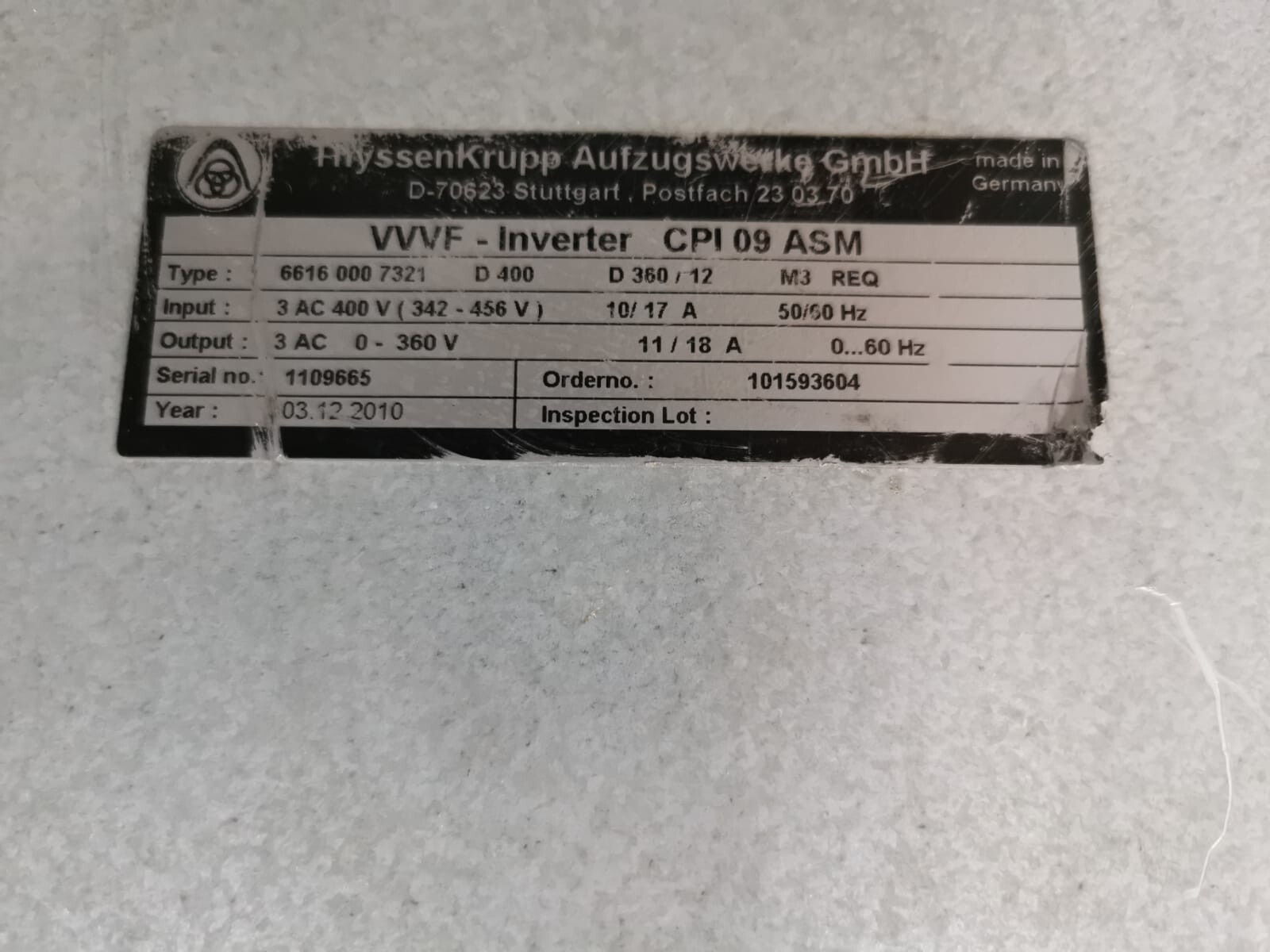 THYSSENKRUPP 6616 000 7321 THYSSENKRUPP VVVF-INVERTER CPI 09 ASM/ 6616 000 7321 6