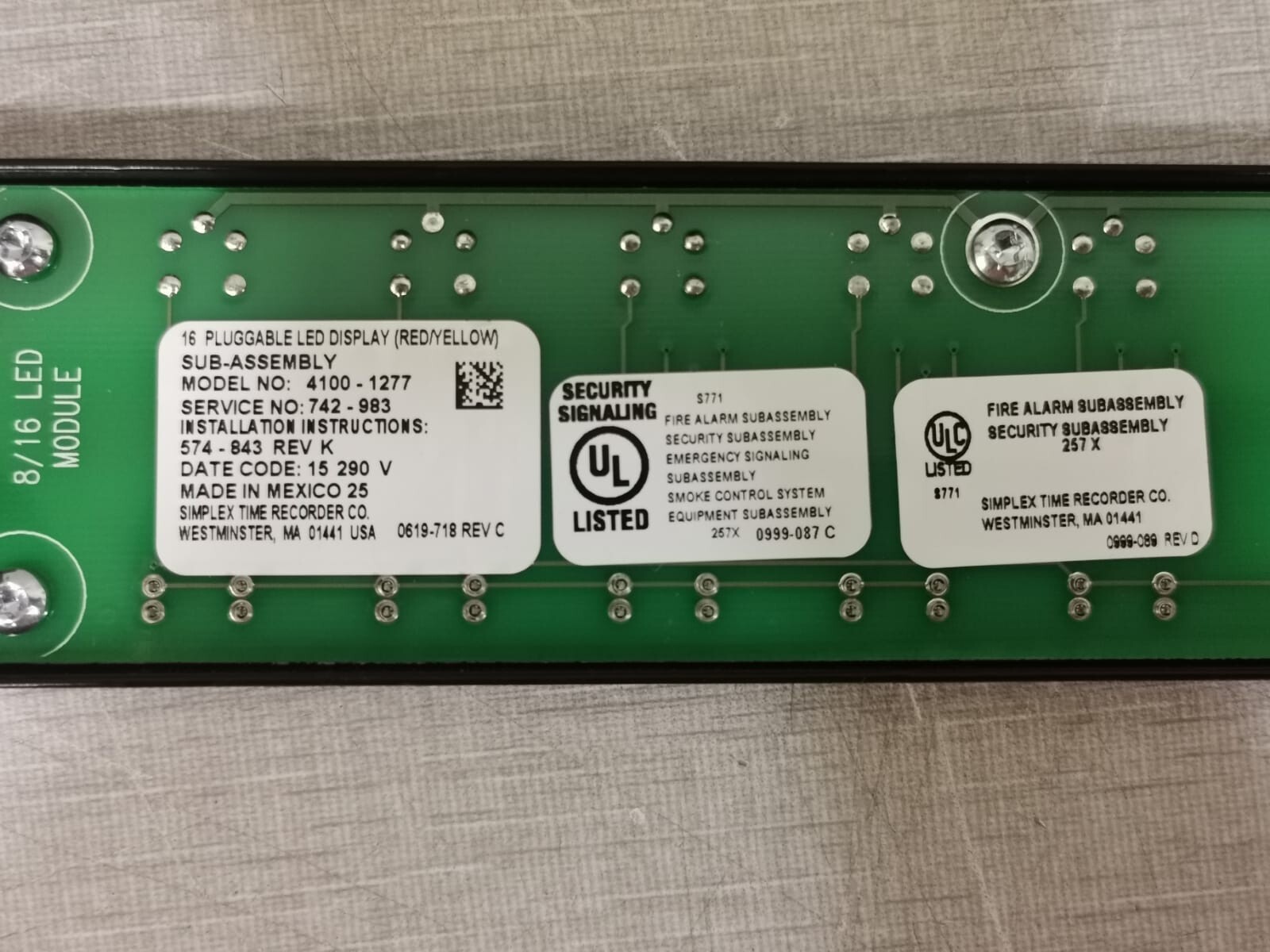 Simplex 4100-1277 Simplex 4100-1277 | 16 Red/Yellow Pluggable LED Module | Part No. 742-983 4