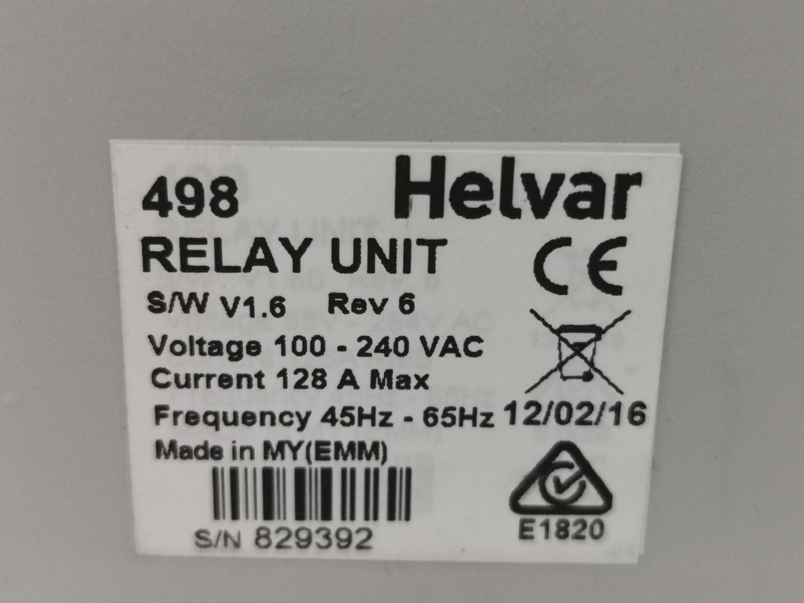 HELVAR 498 HELVAR 498 DIGIDIM V1.6 REV.6 RELAY UNIT, 100-240 VAC, 128A, 45Hz-65Hz 4