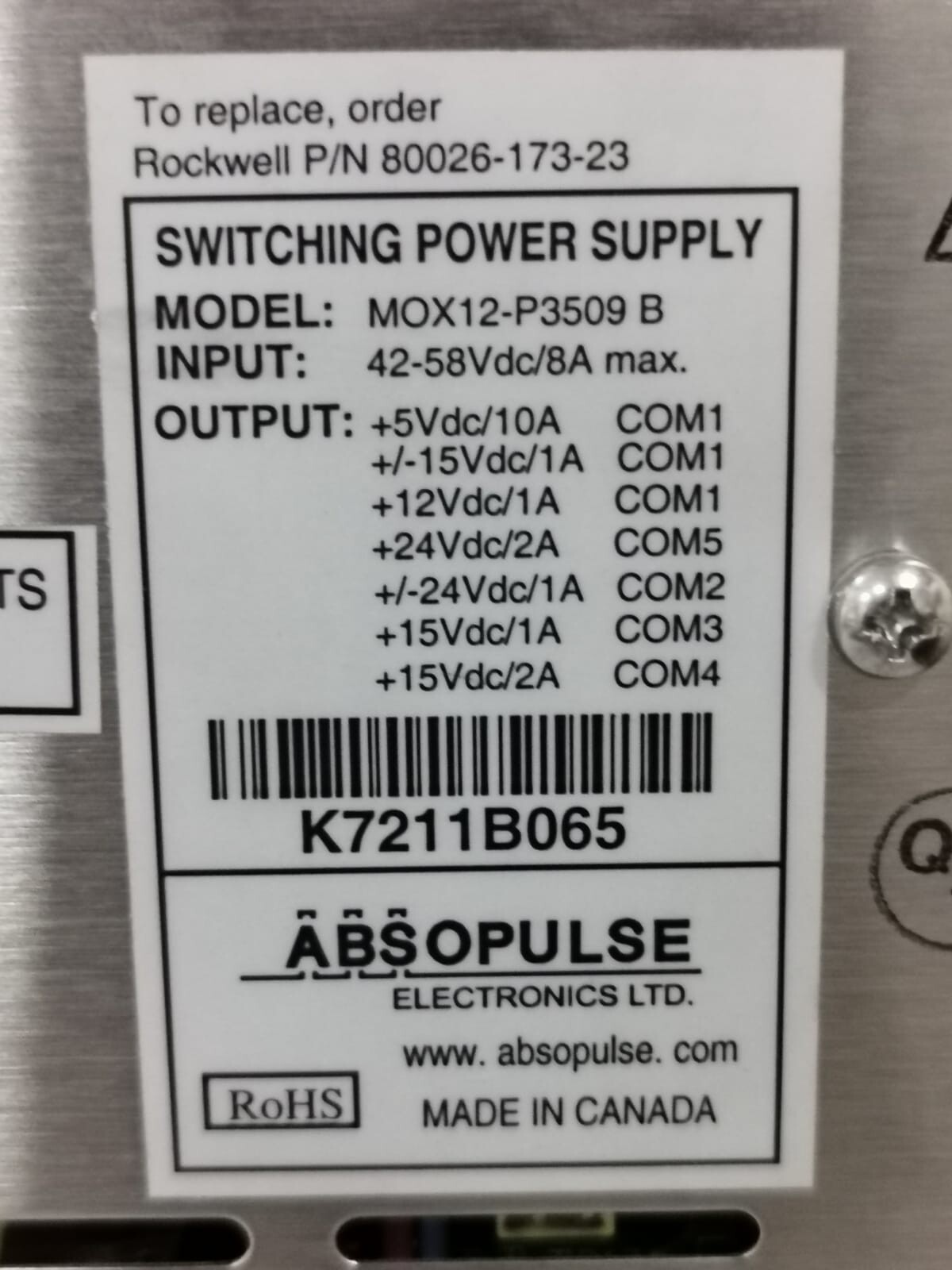 ABSOPULSE ELECTRONICS 80026-1 73-23 ABSOPULSE ELECTRONICS LTD. MOX12-P3509B/ 80026-1 73-23 Switching Power Supply 2