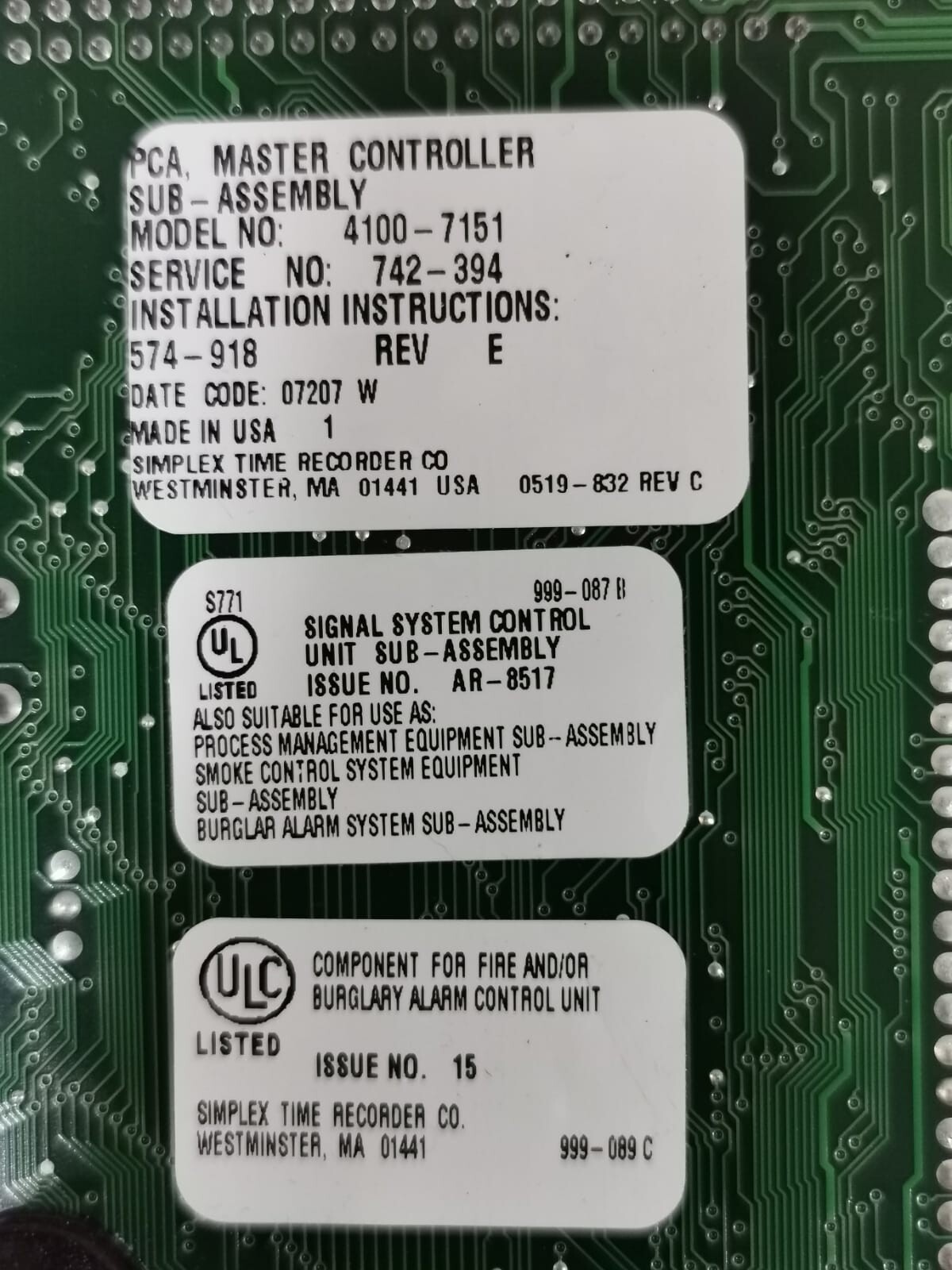 Simplex 566-149 REV F SIMPLEX 4100-7151 PCA MASTER CONTROLLER 566-149 REV F CIRCUIT BOARD CARD 5