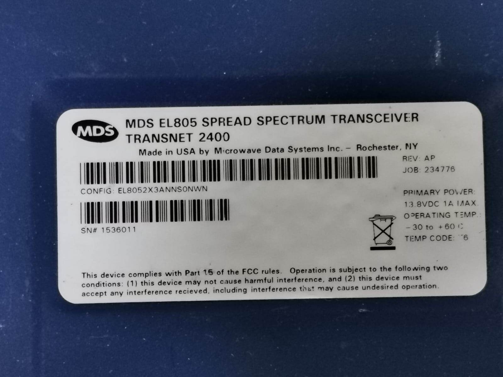 MDS EL805 MDS EL805 Spread Spectrum Transceiver TransNet 2400 4