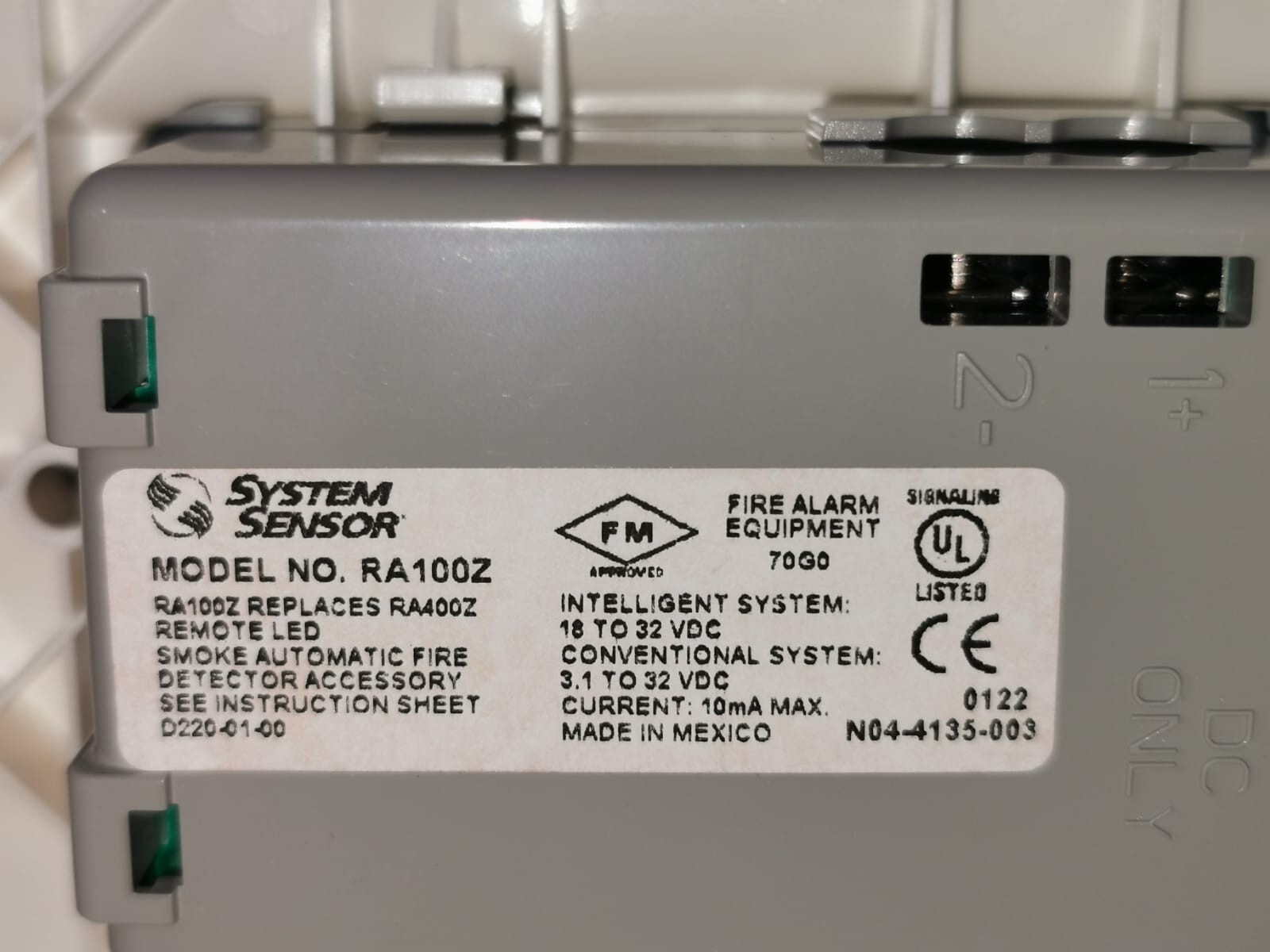 System Sensor RA100Z SYSTEM SENSOR RA100Z REPLACES RA400Z REMOTE ANNUNCIATOR 4
