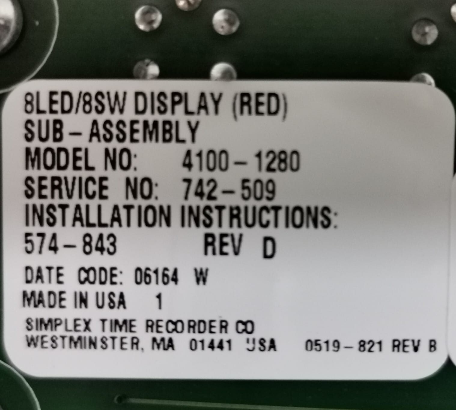 Simplex 4100-1280 Simplex 4100-1280 8 Switch /8 Red LED Module 7