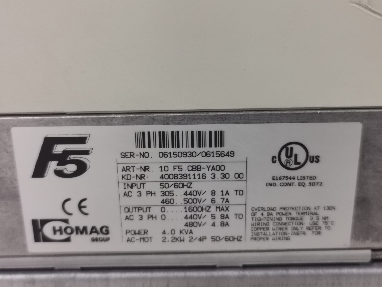 HOMAG 10F5CBB-YA00 HOMAG F5 10F5CBB-YA00 V3.00.10 INVERTER 2.2 KW 3