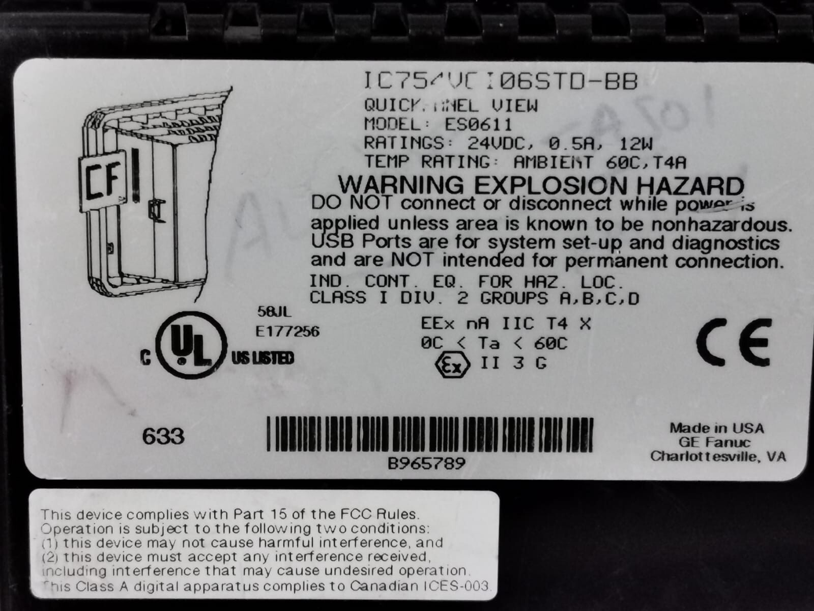 GE Fanuc IC754VCI06STD-BB GE FANUC Model: ES0611 IC754VCI06STD-BB Quick Panel View 2