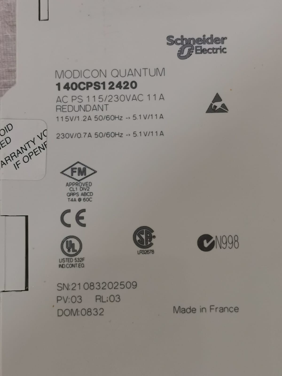 Schneider Electric 140CPS12420 Schneider Electric 140CPS12420 Modicon Quantum AC Power Supply 115/230VAC 11A 2