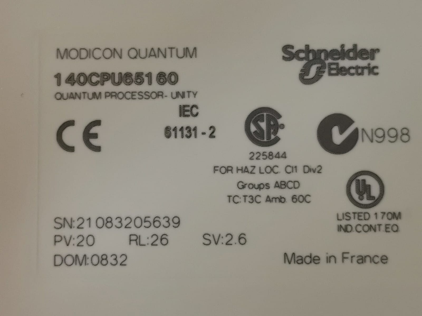 Schneider Electric 140CPU65160 Schneider Electric 140CPU65160 SV: 2.6 Modicon Quantum 2