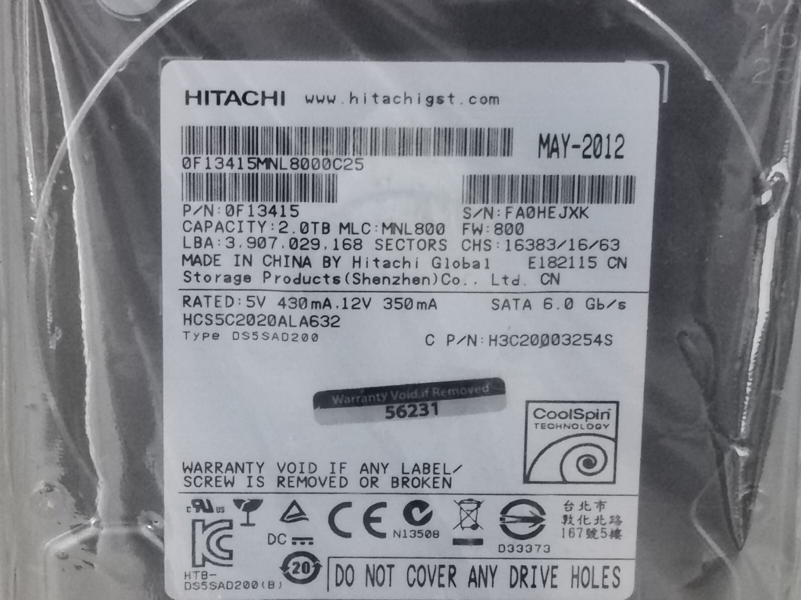 Hitachi MNL800 Hitachi HCS5C2020ALA632 P/N: 0F13415 MLC: MNL800, Capacity: 2TB - SEALED 2