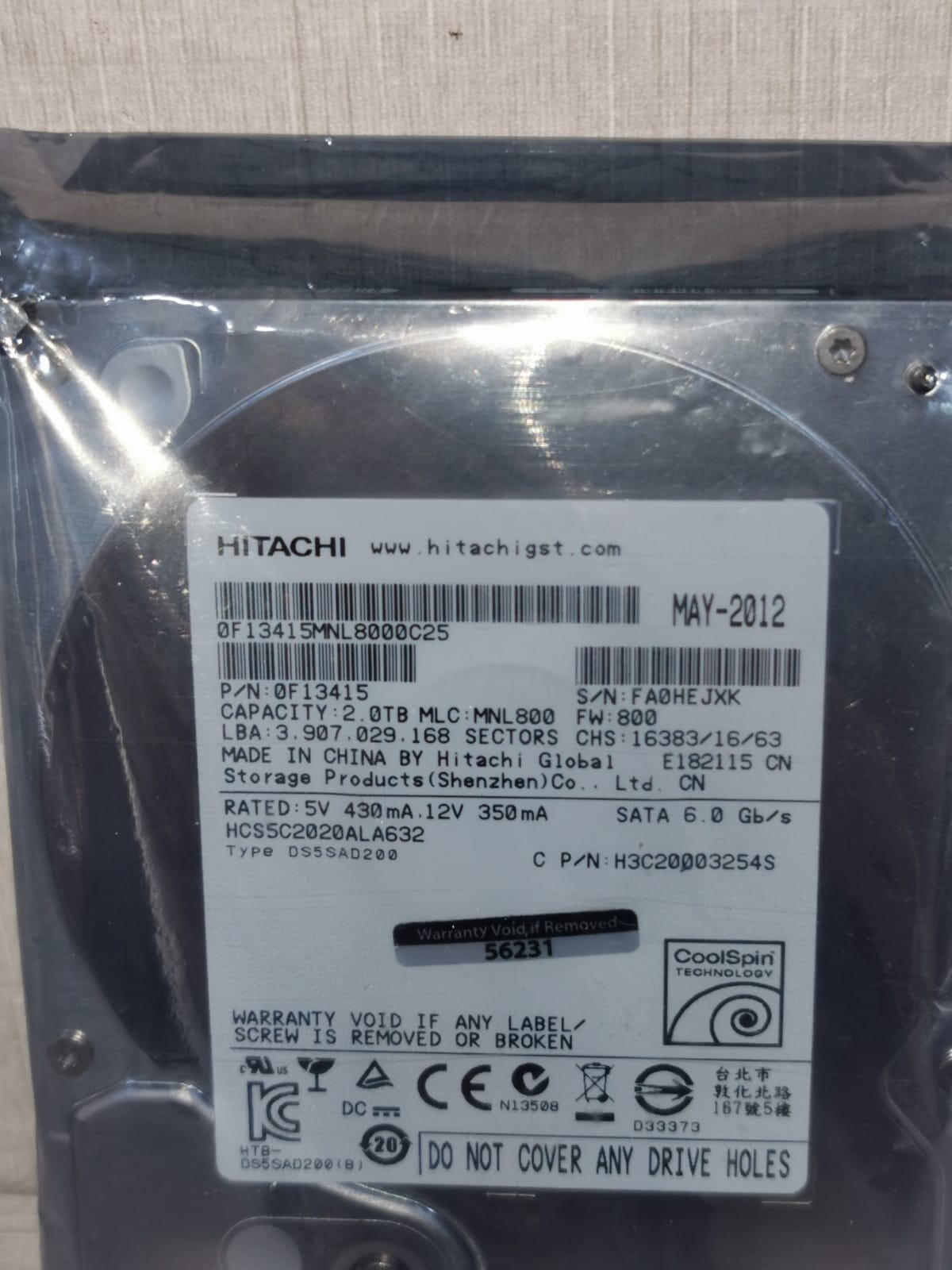 Hitachi MNL800 Hitachi HCS5C2020ALA632 P/N: 0F13415 MLC: MNL800, Capacity: 2TB - SEALED 3