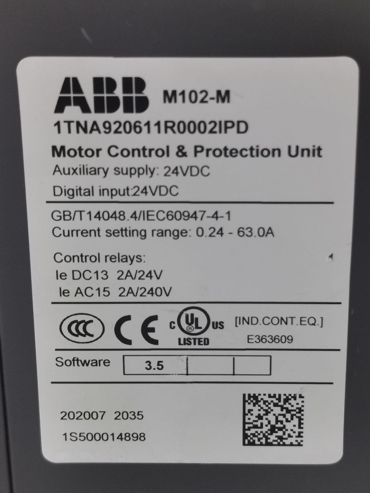 ABB ITNA920611R0002IPD ABB M102-M -ITNA920611R0002IPD SOFTWARE 3.5 MOTOR CONTROL & PROTECTION UNIT 3