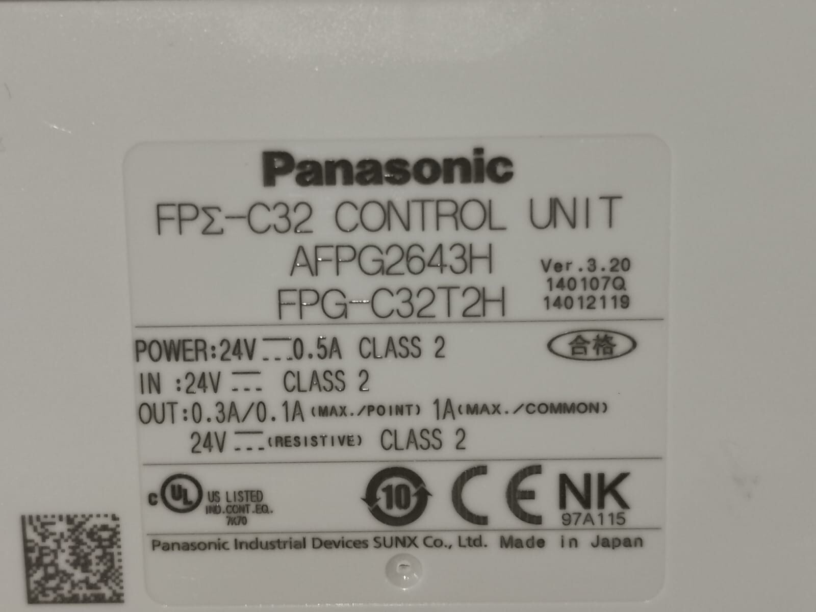 Panasonic AFPG2643H PANASONIC AFPG2643H /FPG-C32T2H FPΣ-C32 CONTROL UNIT 4