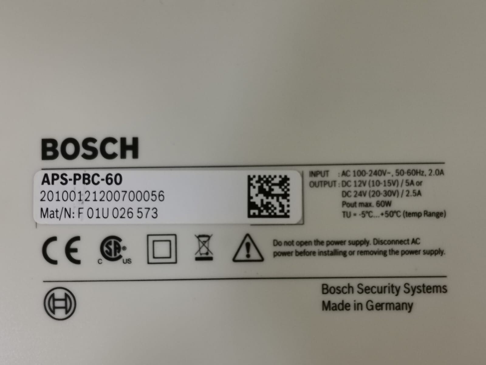 Bosch APS-PBC-60 BOSCH APS-PBC-60 POWER SUPPLY F01U026573 2