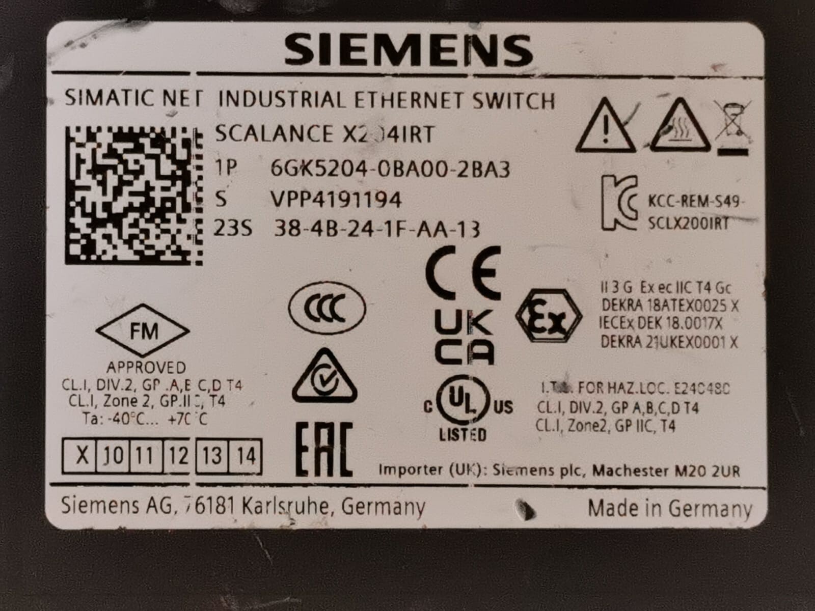 Siemens 6GK5204-0BA00-2BA3 Siemens SCALANCE X204IRT / 6GK5204-0BA00-2BA3 Simatic Ethernet Switch 3