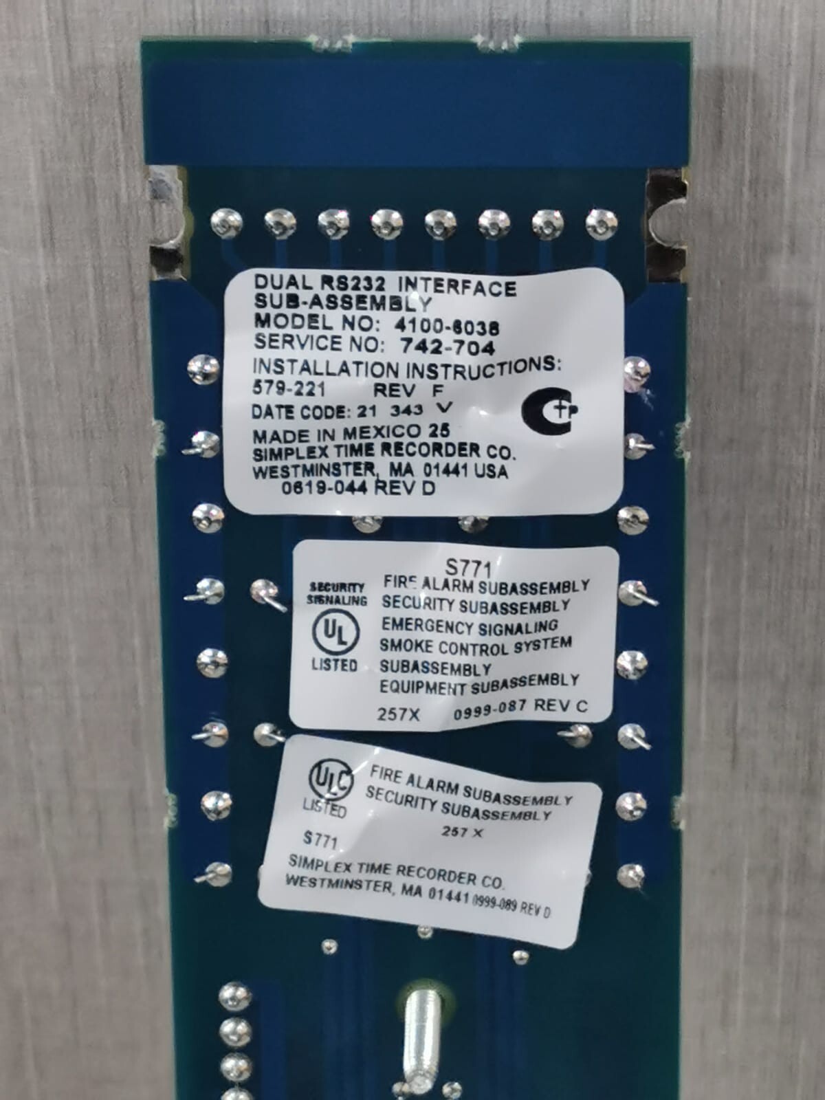 Simplex 4100-6038 Simplex 4100-6038 Dual RS232 Interface PCB Card Rev. F 2