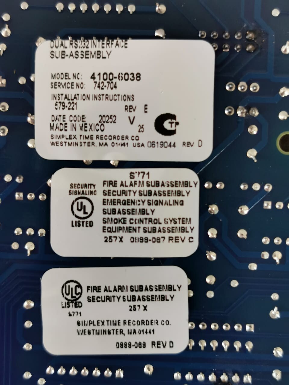 Simplex 4100-6038 Simplex 4100-6038 Dual RS232 Interface PCB Card 742-704 Rev. E 2
