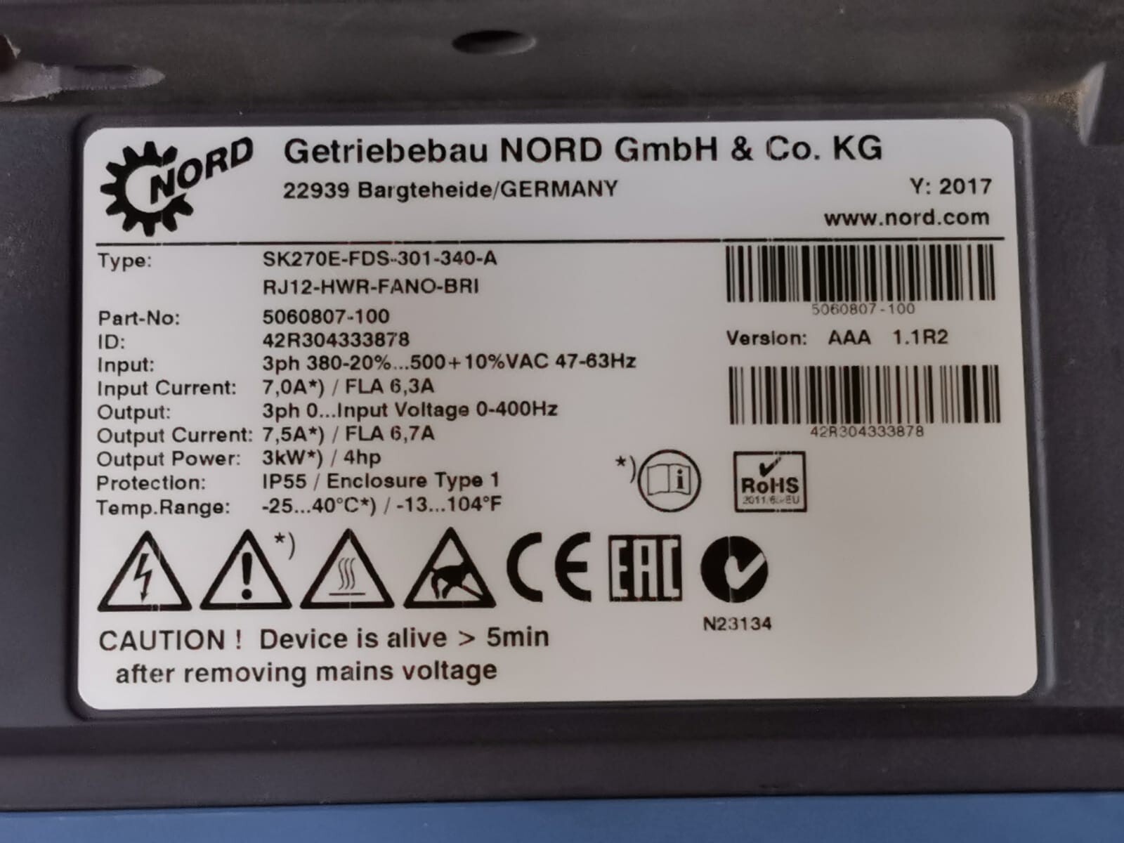 NORD Drive Systems 5060807-100 NORD Drive Systems SK270E-FDS-301-340-A Nord Frequency Inverter P/n: 5060807-100 2