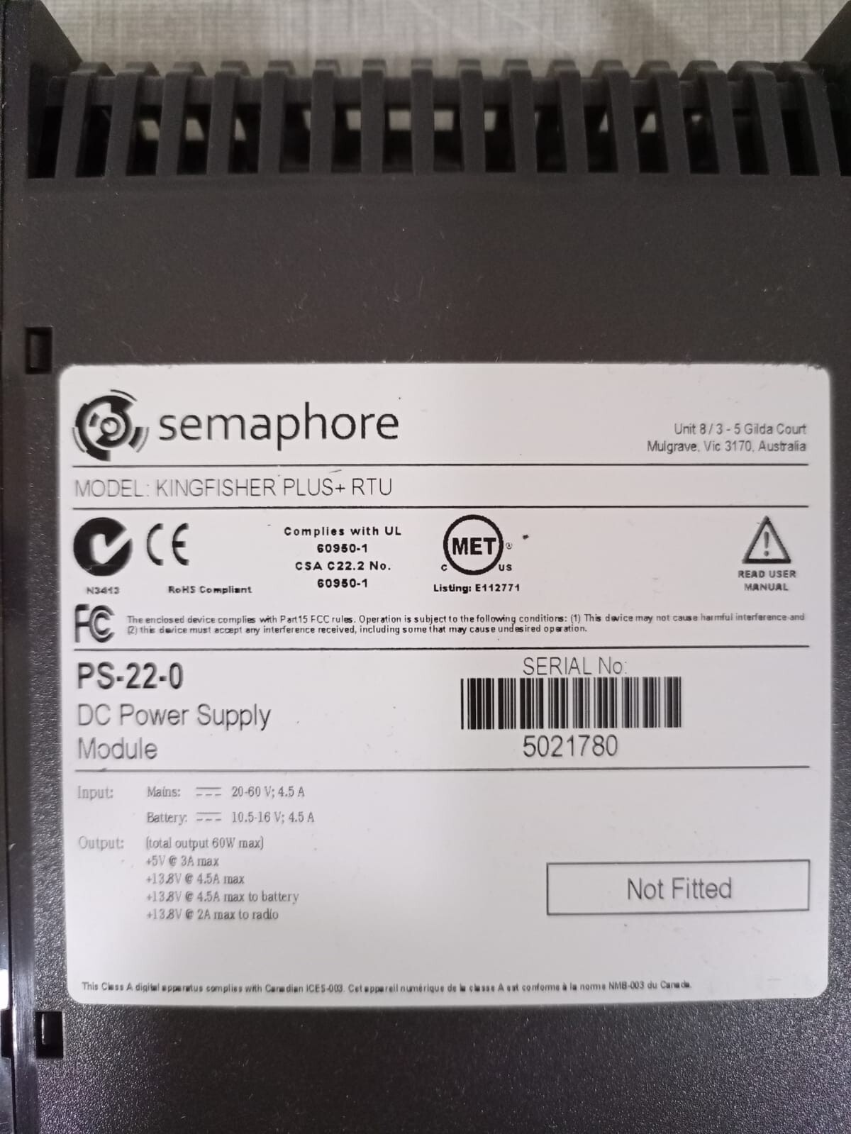 SEMAPHORE PS-22-0 Semaphore Kingfisher PLUS+RTU PS-22-0 DC Power Supply Module 2