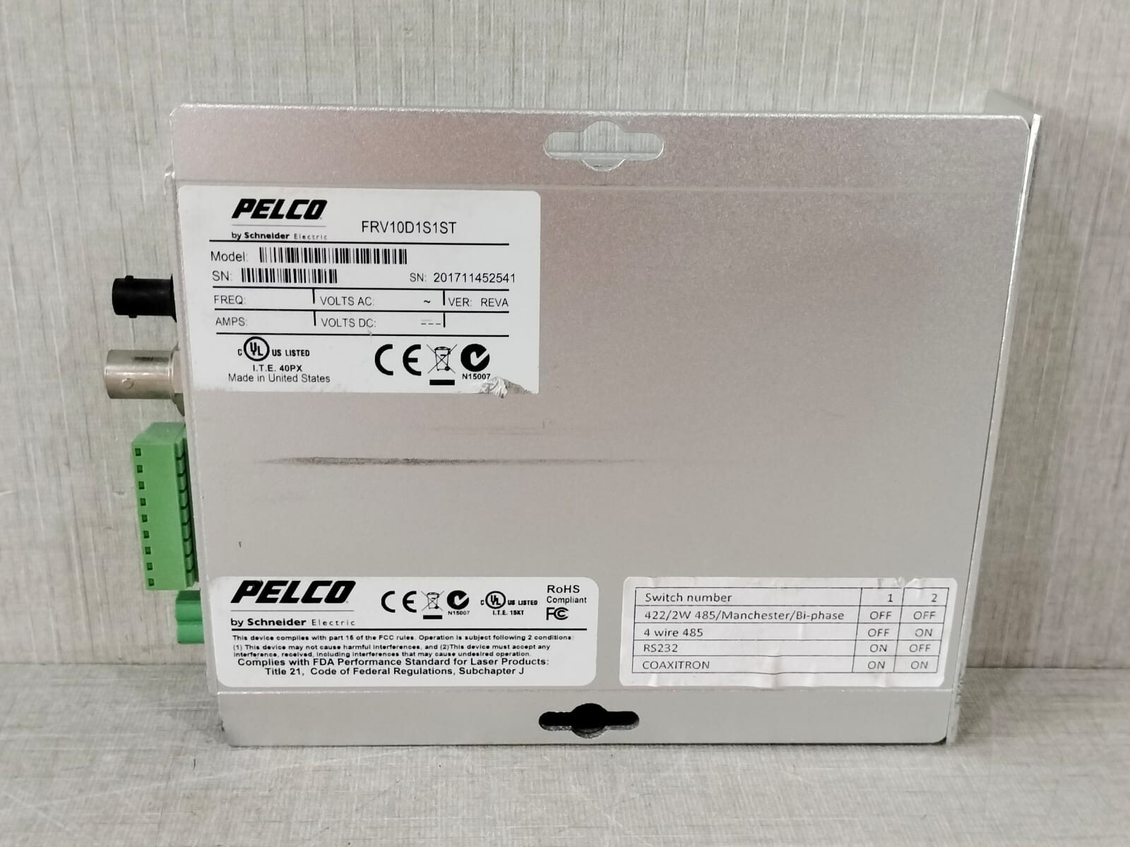 Pelco FRV10D1S1ST PELCO BY SCHNEIDER ELECTRIC FRV10D1S1ST VIDEO RECEIVER+2 WAY DATA/ UP THE COAX 9
