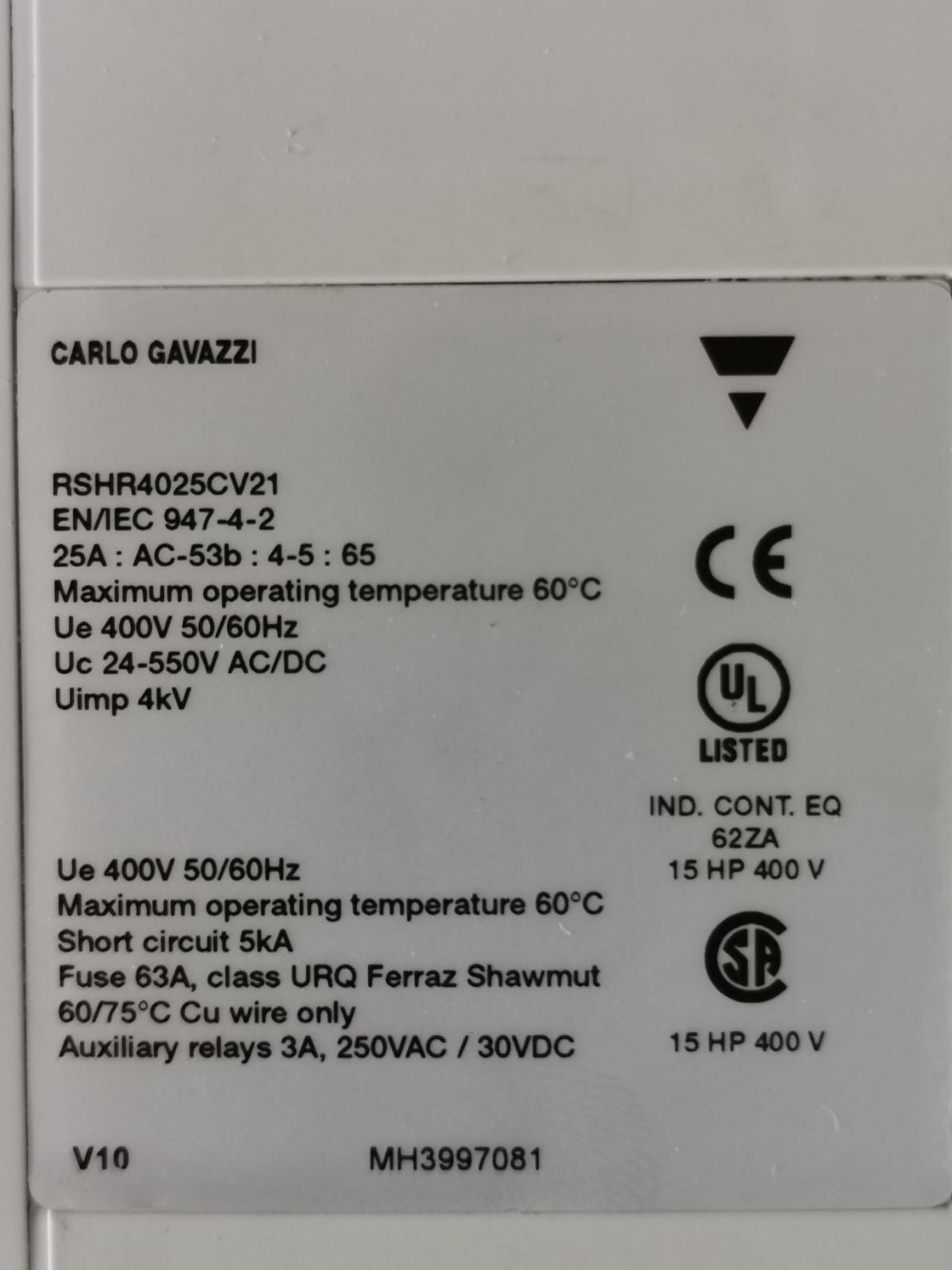 Carlo Gavazzi RSHR4025CV21 CARLO GAVAZZI RSHR4025CV21 AC MOTOR CONTROLLER 5