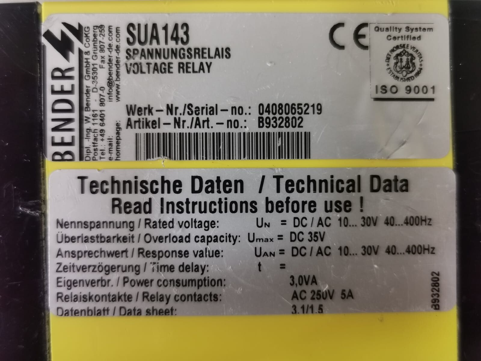 BENDER B932802 BENDER SUA143 B932802 VOLTAGE RELAY 4